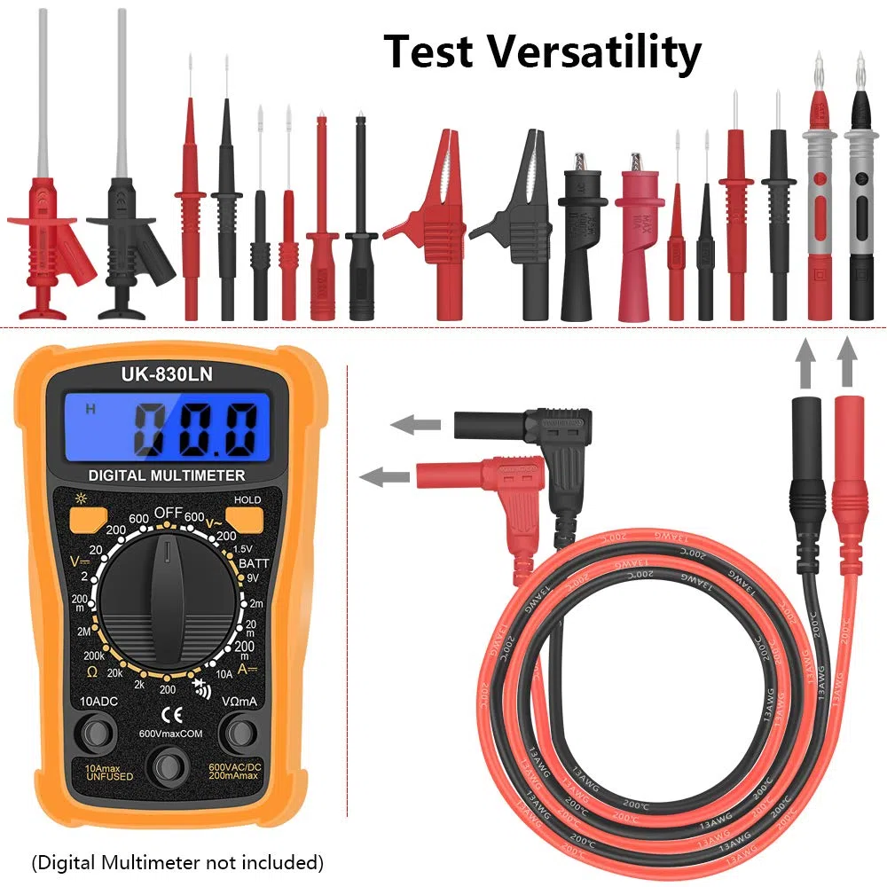 HANDSKIT-Messleitungen, Multimeter-Kit für elektronische Messleitungen, professionelles Digitalmultimeter-Zubehörset mit Messverlängerung, Krokodilklemmen, Prüfspitzen und Mini-Kolbenhaken, 22-teilig