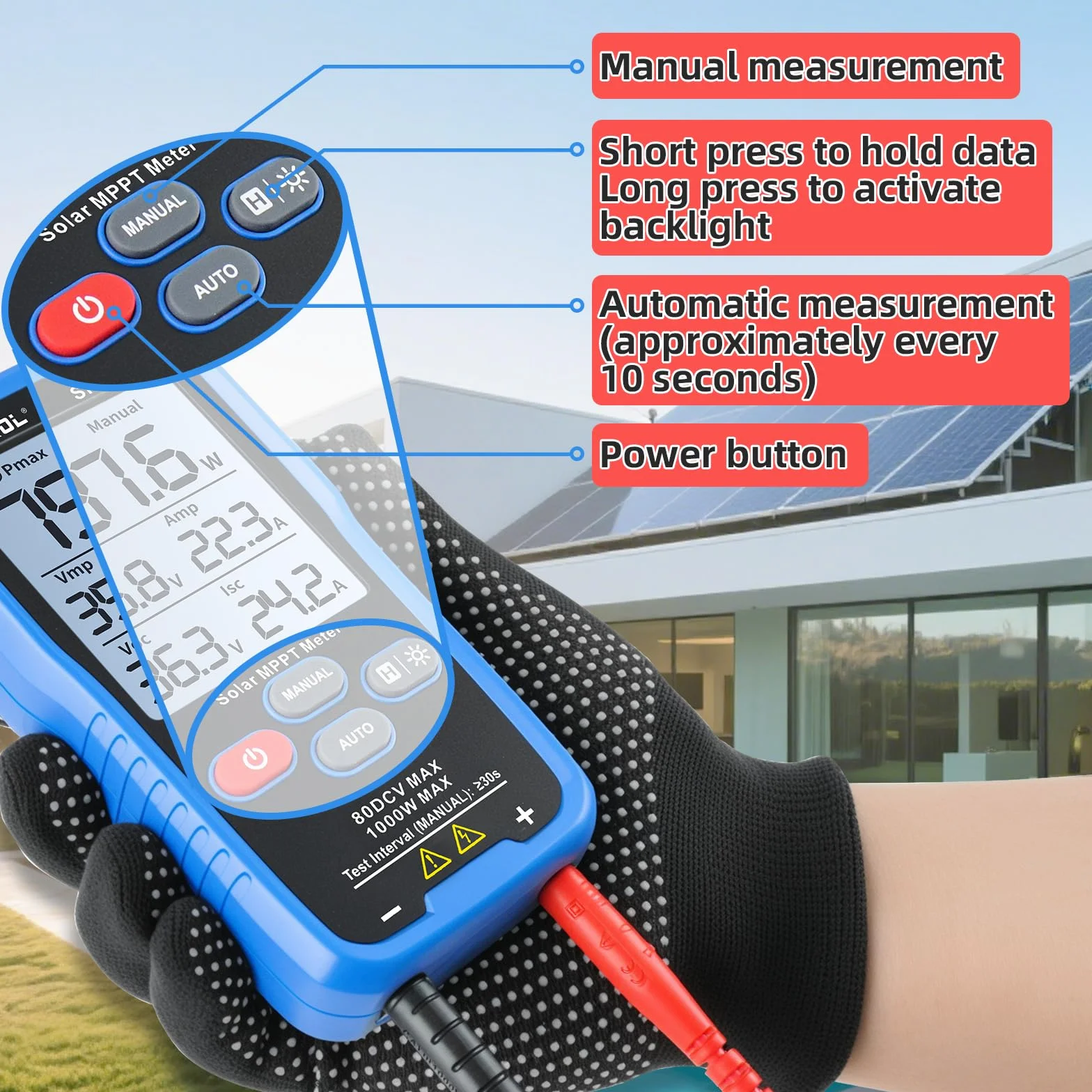 SK-705 Solar MPPT Leistungstester für Photovoltaikmodule, 1000 W, 80 V DC Max, 35 A, Automatische & Manuelle Leistungsmessung, Voc Isc Vmp Pmax, 3,2" LCD, Tragbarer PV-Tester