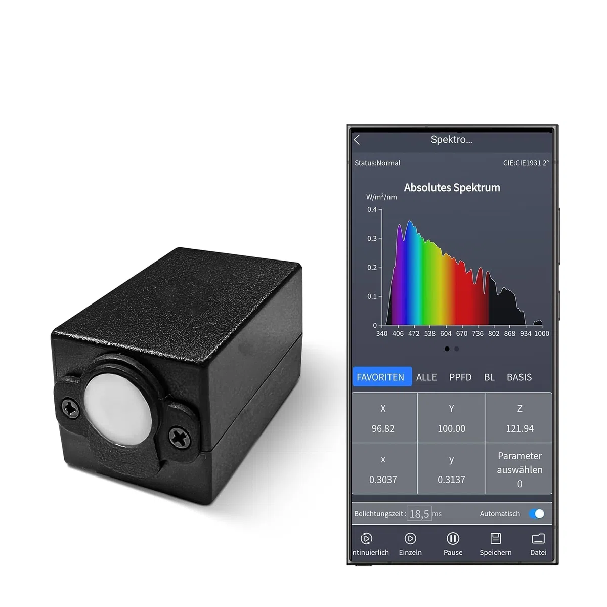 Handheld-Spektrometer für Lichtmessung 340-1000nm Tragbares Spektrum-Beleuchtungsmessgerät CCT-CRI-PAR-PPFD-Analyse LED-Pflanzenlicht-Tester mit APP & PC-Software USB-Typ-C