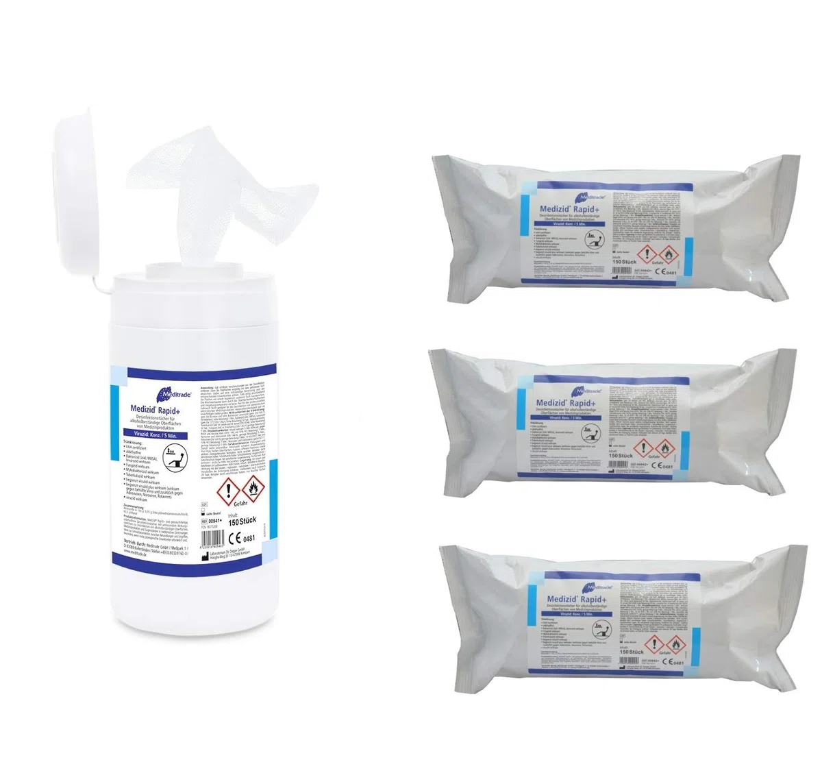 Meditrade Medizid® Rapid+ | Desinfektionstücher Set | 1 Dose + 3 Nachfüllpackung mit je 150 Tüchern