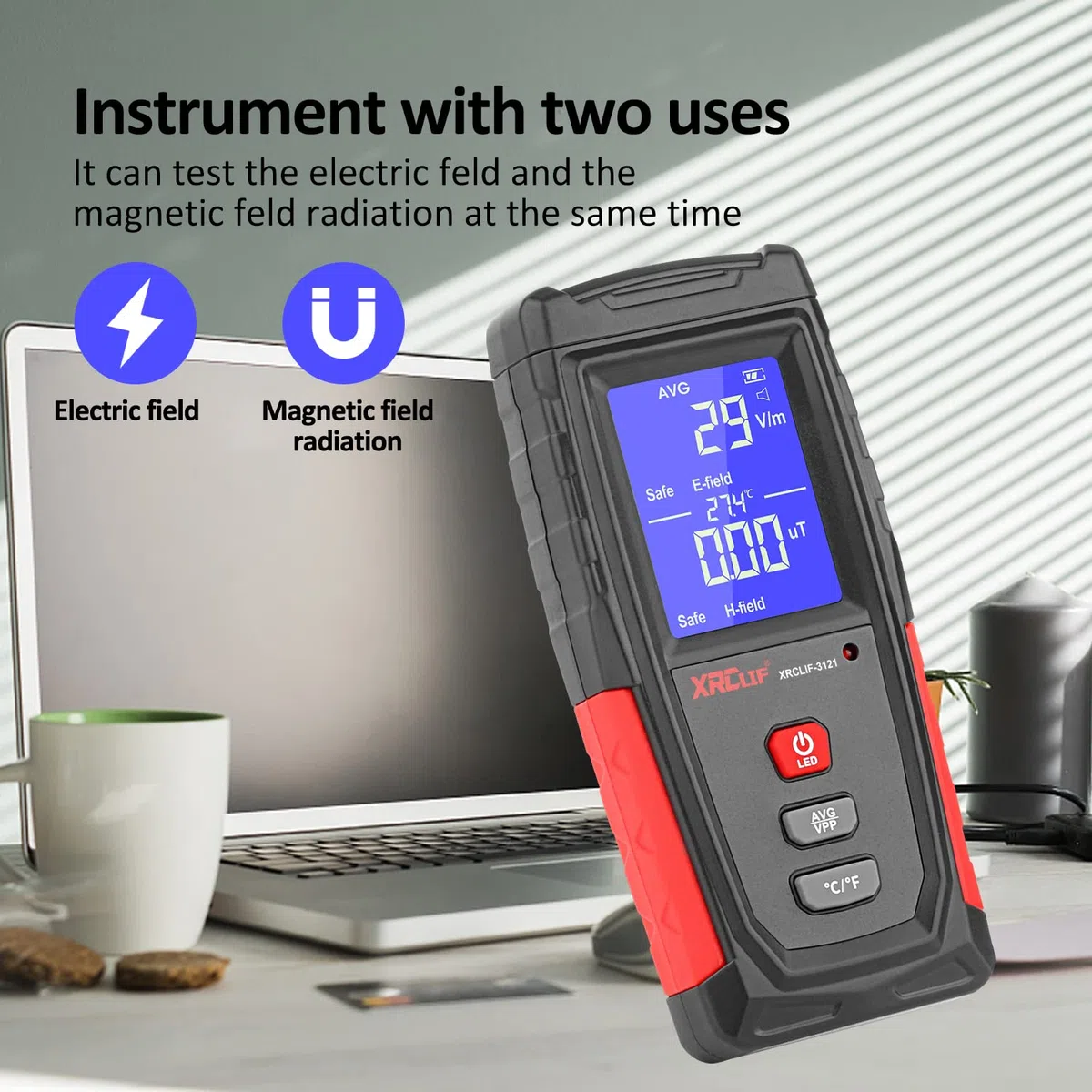 EMF Messgerät, XRCLIF Digitaler Elektromagnetischer Strahlungsdetektor, Handheld EMF Tester, Elektrischer Feld-/Magnetfeldmonitor - Schwarz