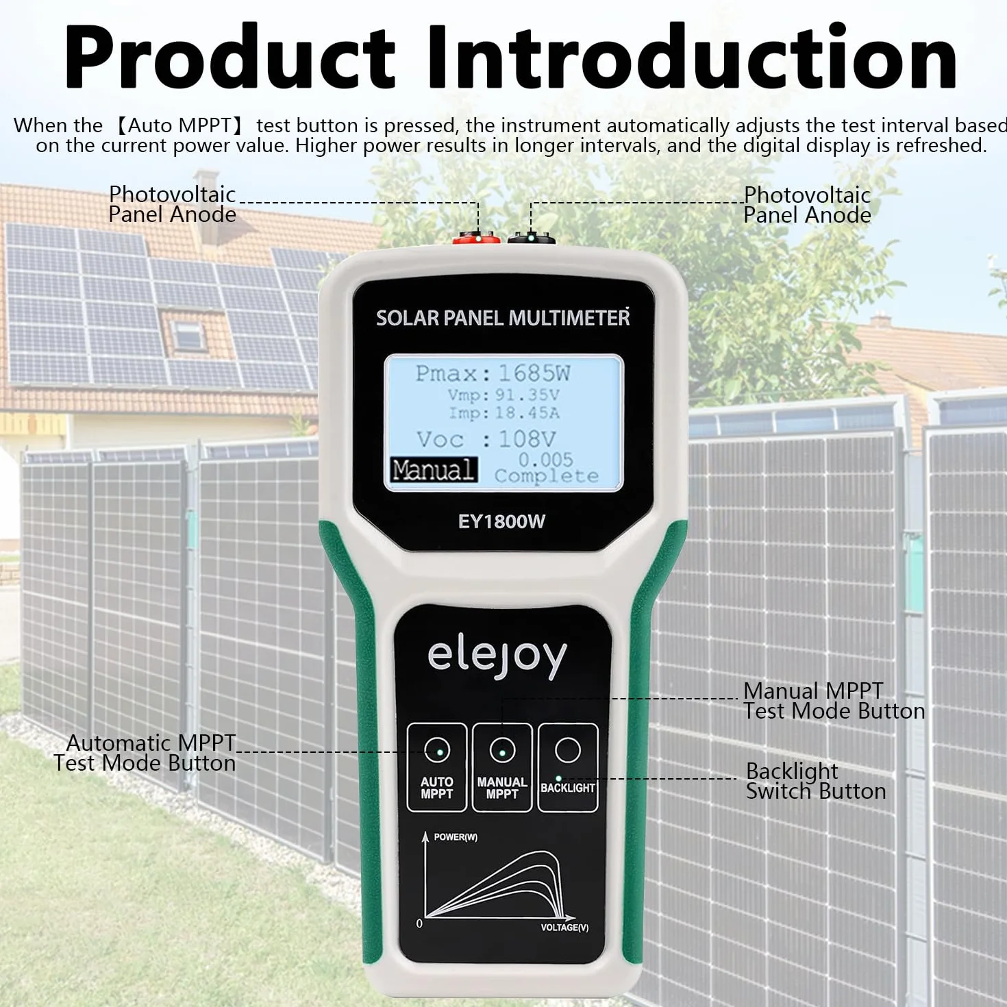 Solarpanel MPPT Tester, 1800W Photovoltaik Panel Multimeter mit LCD Display, Intelligente Leerlaufspannung Fehlersuche und Datenprüfung für Solar PV Testing, Nicht Höher als DC 20-120V 60A