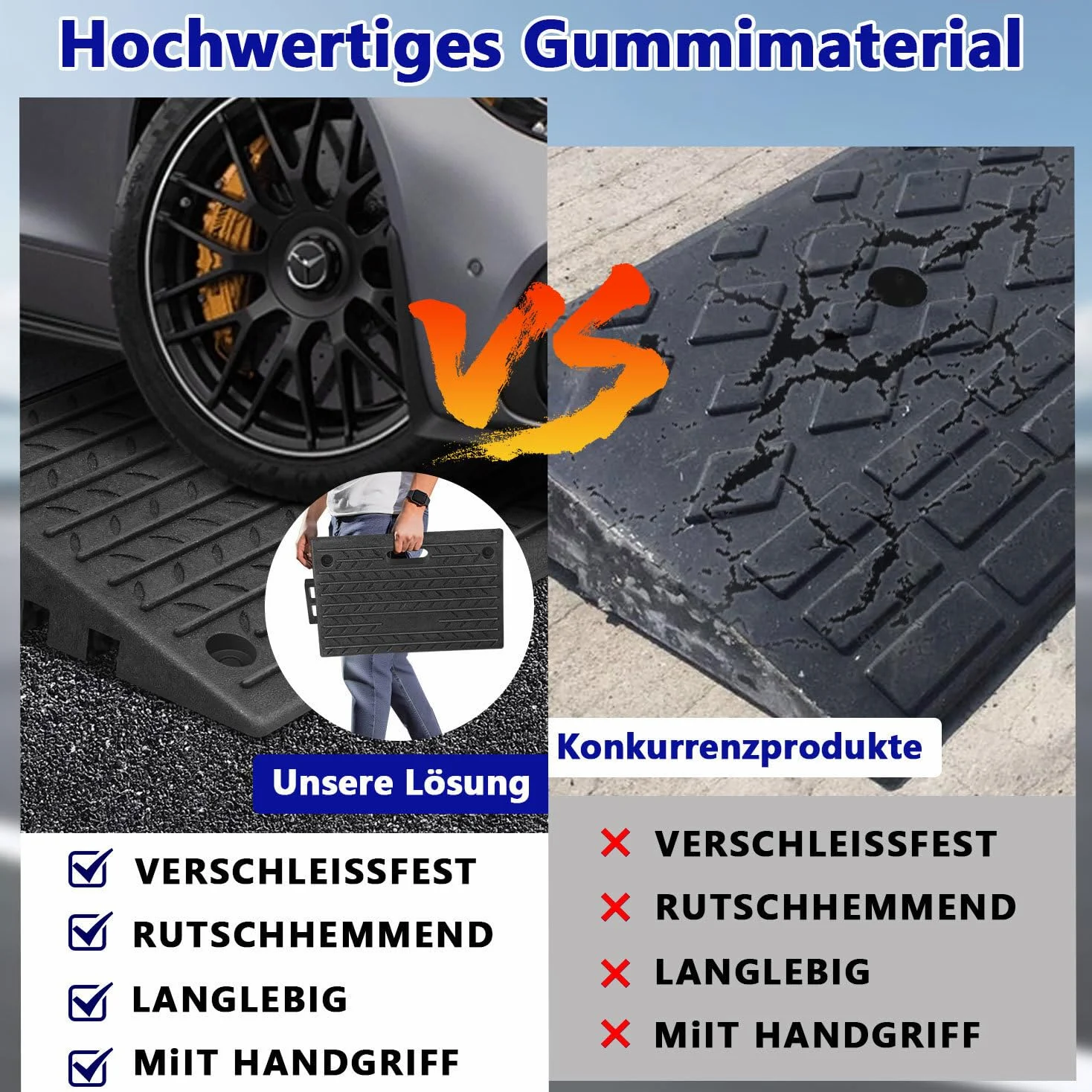2 Stück Bordsteinrampe Gummi 10cm Hoch Tragbar mit Griff Rampe für Bordsteine, Rollstuhl, Auto Auffahrrampe Türschwellenrampe (50x32x10 cm)