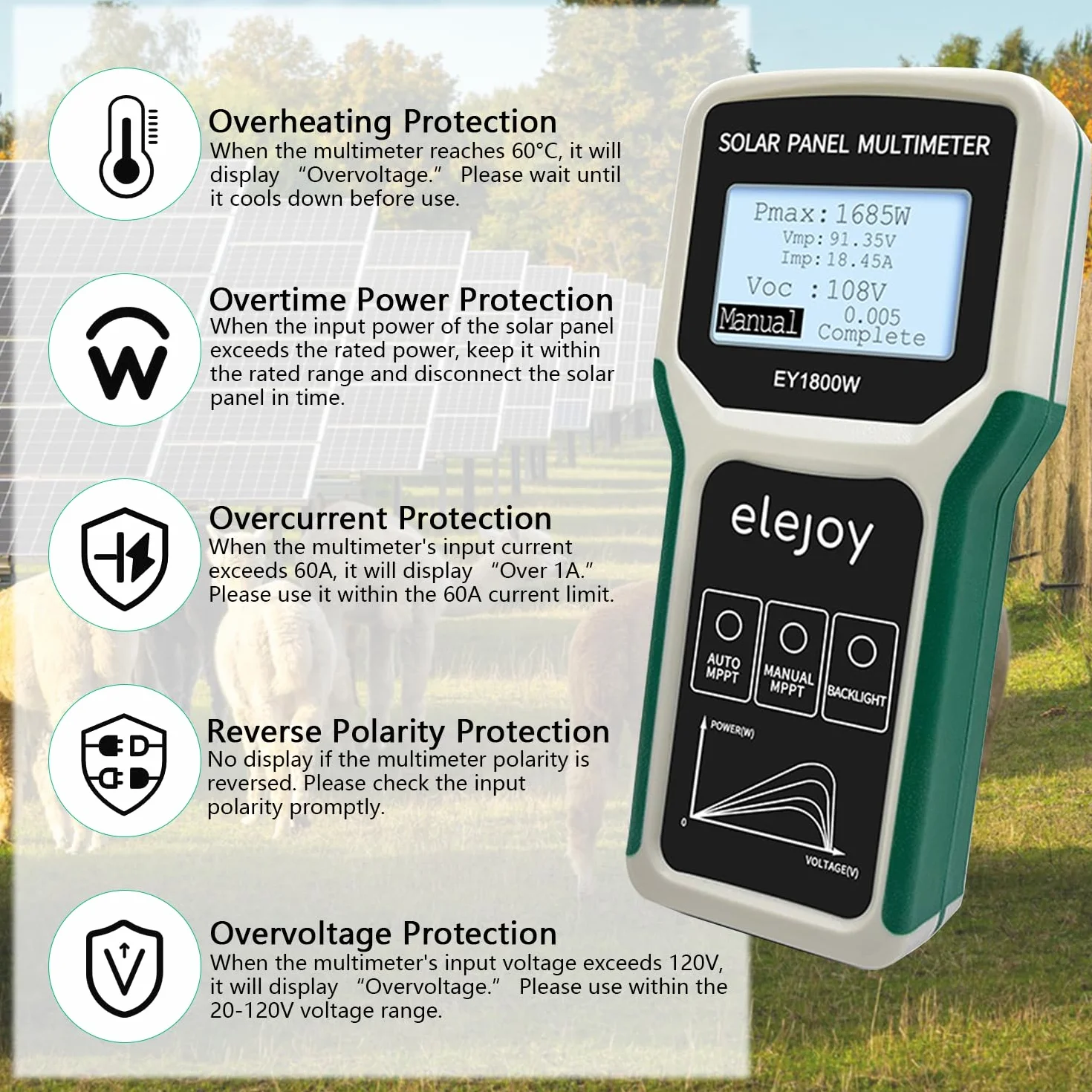 Solarpanel MPPT Tester, 1800W Photovoltaik Panel Multimeter mit LCD Display, Intelligente Leerlaufspannung Fehlersuche und Datenprüfung für Solar PV Testing, Nicht Höher als DC 20-120V 60A