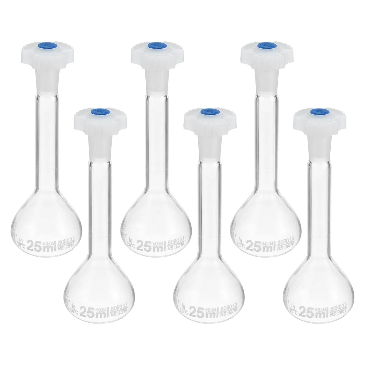 PATIKIL 25ml Messflasche 6Stk 3.3 Borosilikat Glas Volumetrischer Messkolben mit Verschlusskappe Toleranz 0.04ml für Laborversuch Klar