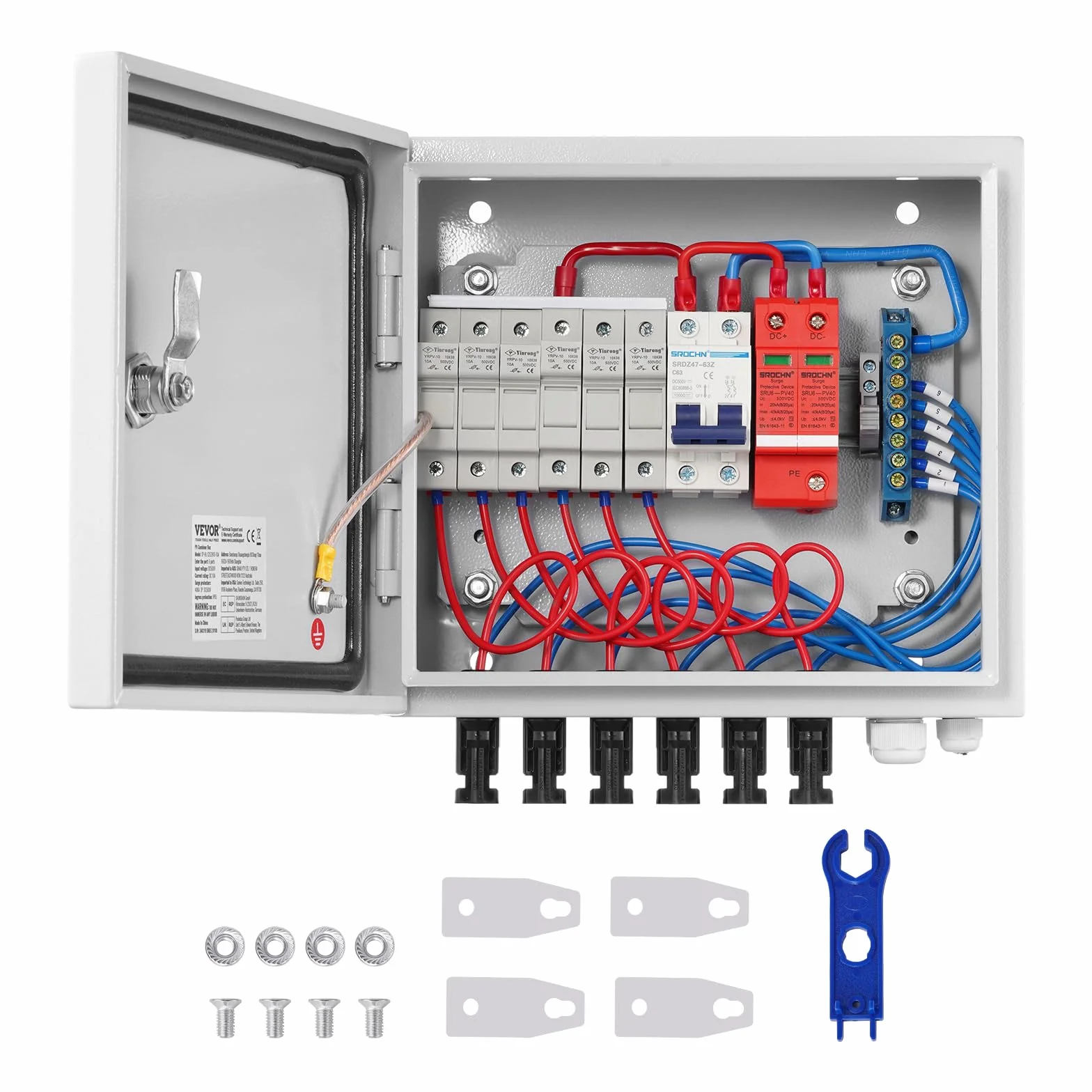 VEVOR PV-Combiner-Box, 6-String, Solar-Combiner-Box mit 15 A Nennstromsicherung, 125 A Leistungsschalter, Blitzableiter und Solaranschluss, Stahlgehäuse für On-/Off-Grid-Solarpanelsystem, IP65