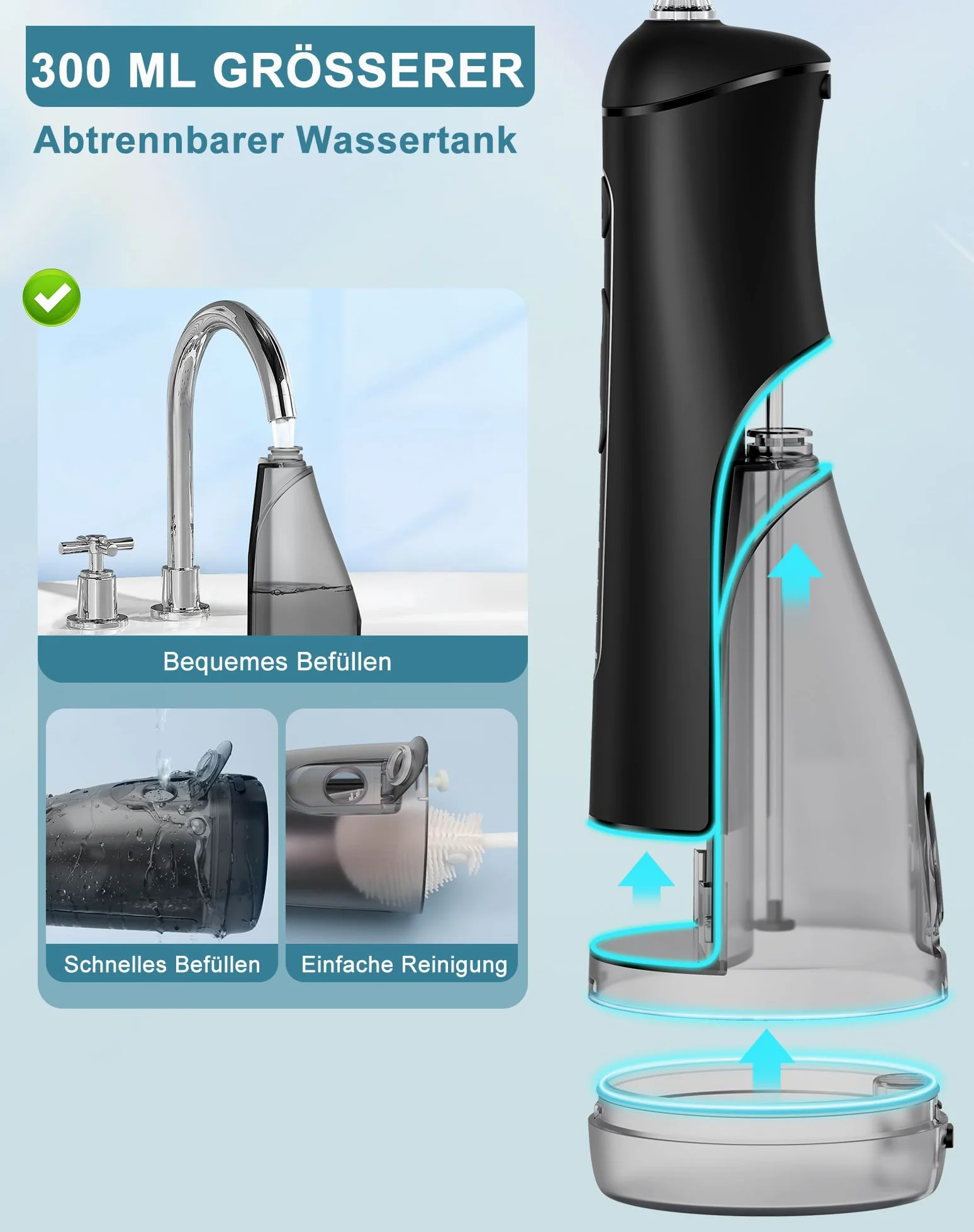 Munddusche Kabellos Testsieger 2026 5 Modi 20 Wasserdruck 3 Intensitäten 5 Düsen 300ML Wassertank IPX7 Wasserdicht