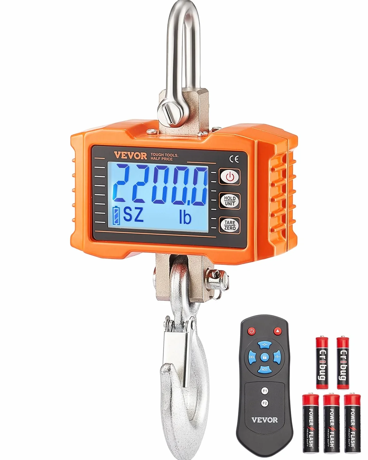 VEVOR Industrielle Hängewaage, 1000 kg, robuste digitale Kranwaage mit Fernbedienung, Lastenwaage, Gehäuse aus Aluminiumguss, hochpräzises LCD-Display für Bau, Fabrik, Bauernhof, Jagd, Orange
