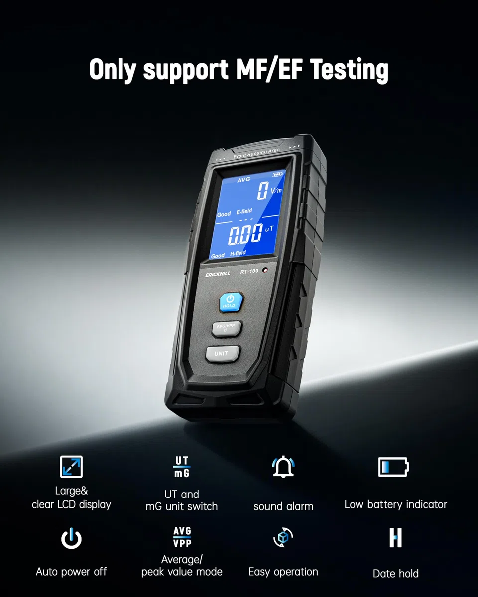 ERICKHILL RT100 EMF-Messgerät Strahlungsdetektor elektromagnetische Felder LCD-Detektor TYPE-C Ladeanschluss