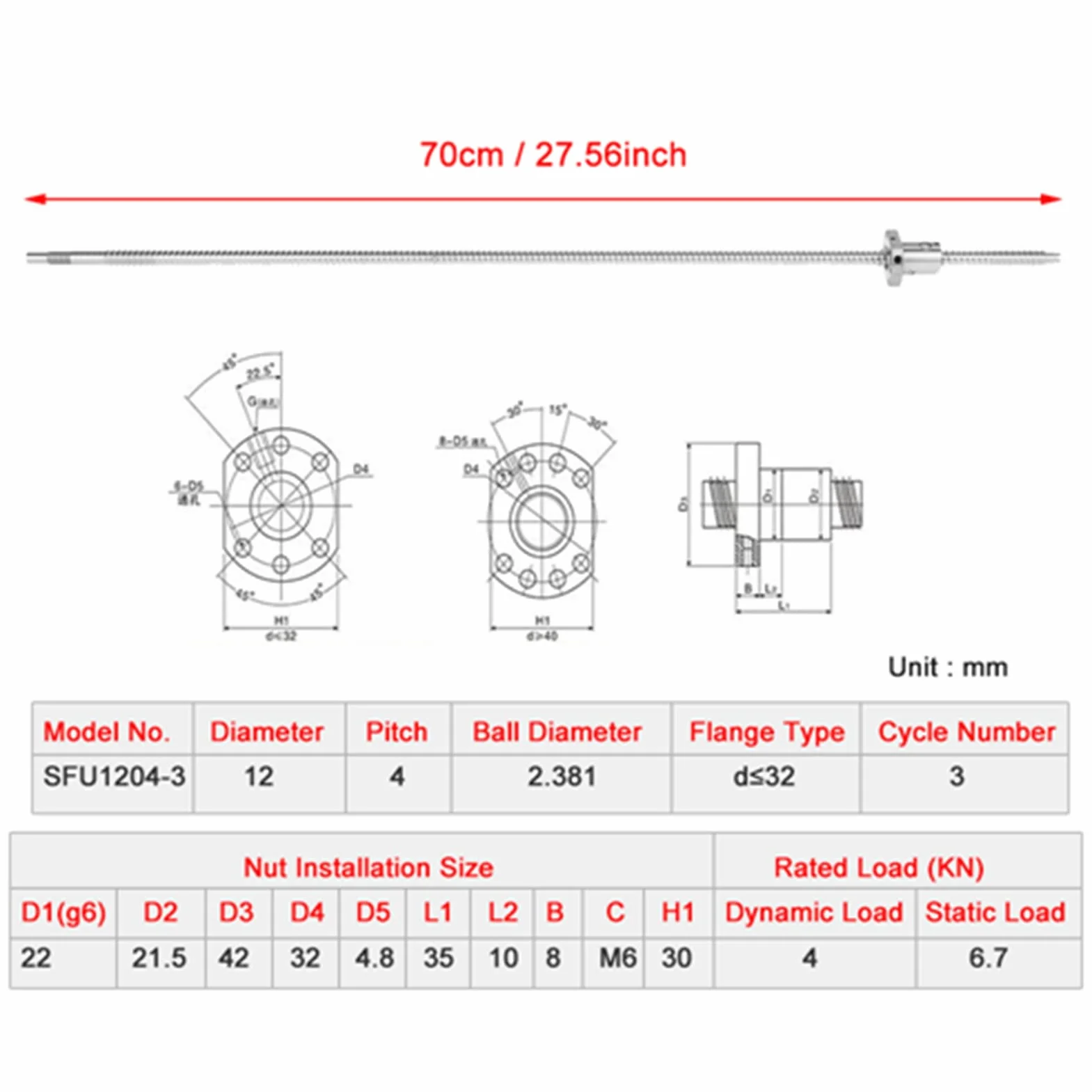 700mm SFU1204 Zero Backlash Kugelumlaufspindel CNC-Kugelgewindetrieb ohne seitliche Endlager