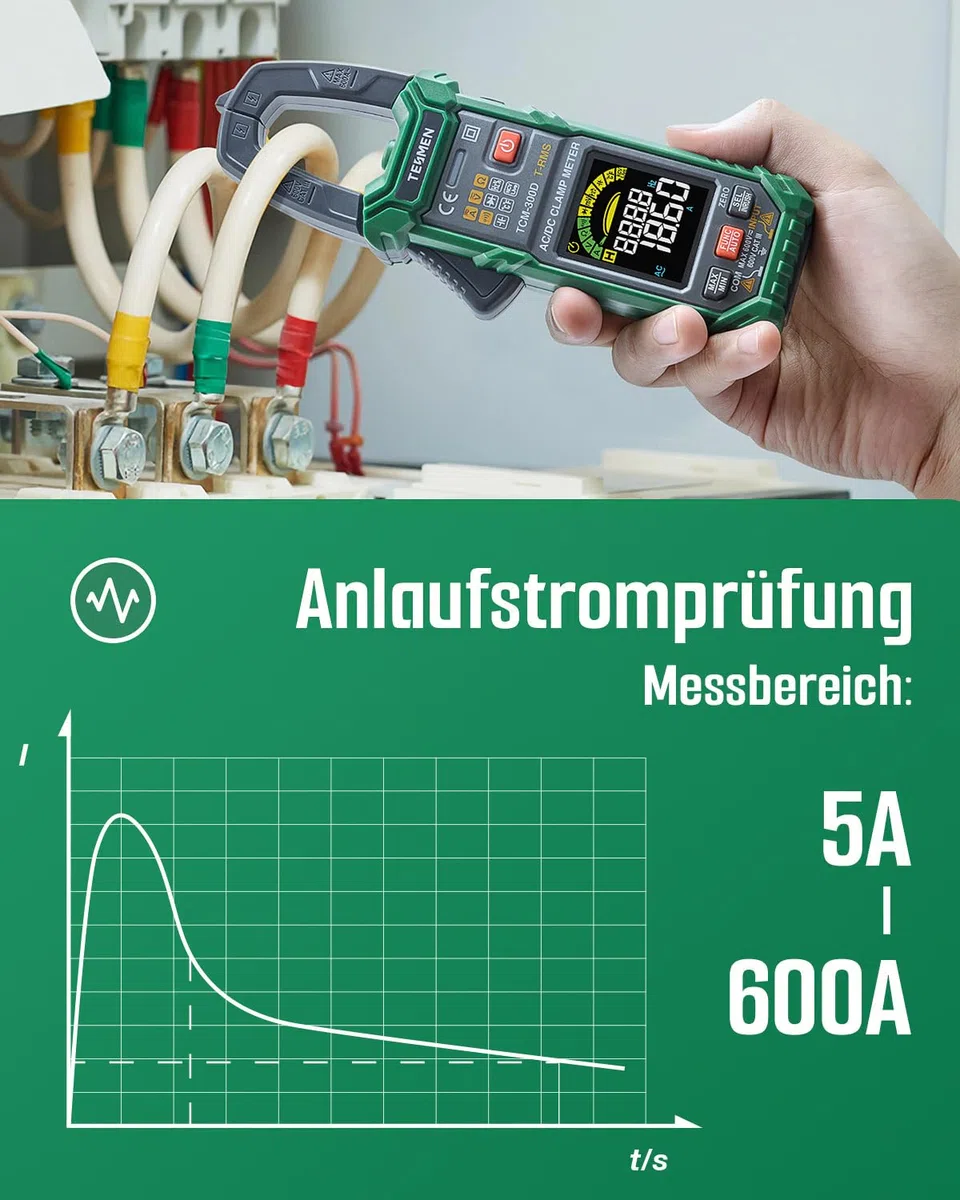 TESMEN TCM-300D Digital Clamp Meter 6000 Counts T-RMS Amperemeter Auto-Ranging Multimeter Voltmeter mit AC/DC Strom & Spannung NCV/Live Wire Einschaltstrom Widerstand Diode Temperatur – Grün
