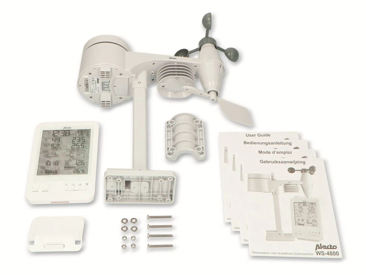 Alecto WS-4800 Wetterstation Funk mit Außensensor - Funkwetterstation - 5-in-1 - großes Display - speichert Messwerte - Funkuhr - Datumsanzeige - Mondphasen - weiß