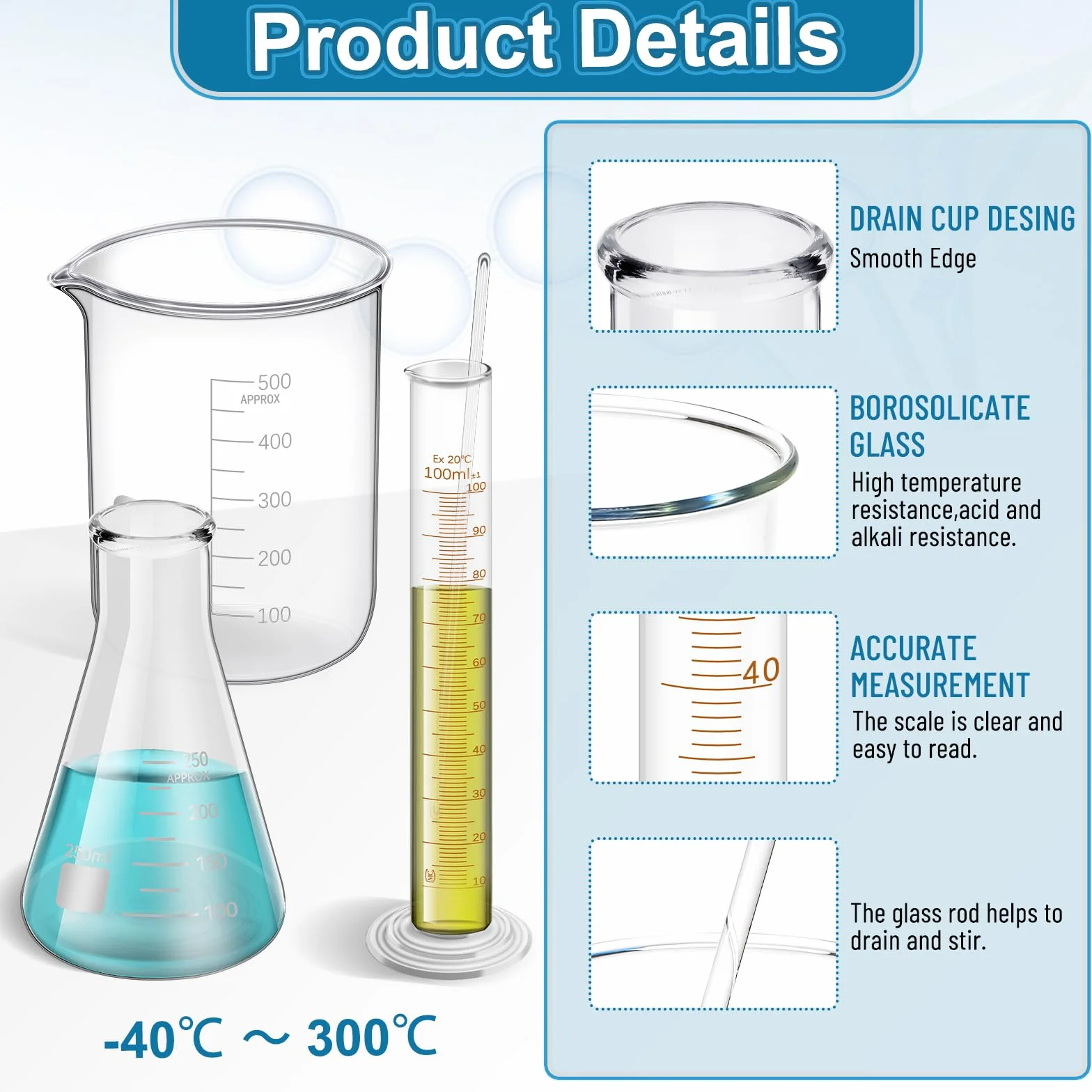 14 Stück Messbecher Glas 50/100/500 ml, Glasflasche 50/100/250 ml, Glasgraduierter Zylinder 10/50/100 ml mit 1 Pinsel, 2 Durchmessern und 2 Tropfen Becherglas Set für Wissenschaft Labor