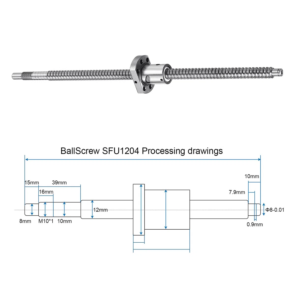 QUARKZMAN BallScrew SFU1204 (Durchmesser 12mm, Steigung 4mm, Länge 350mm) mit Kugelgewindemutter Anti-Backlash Kugelgewindespindel-Kit Standard-Endbearbeitung für BK/BF12 CNC-Maschinenteile