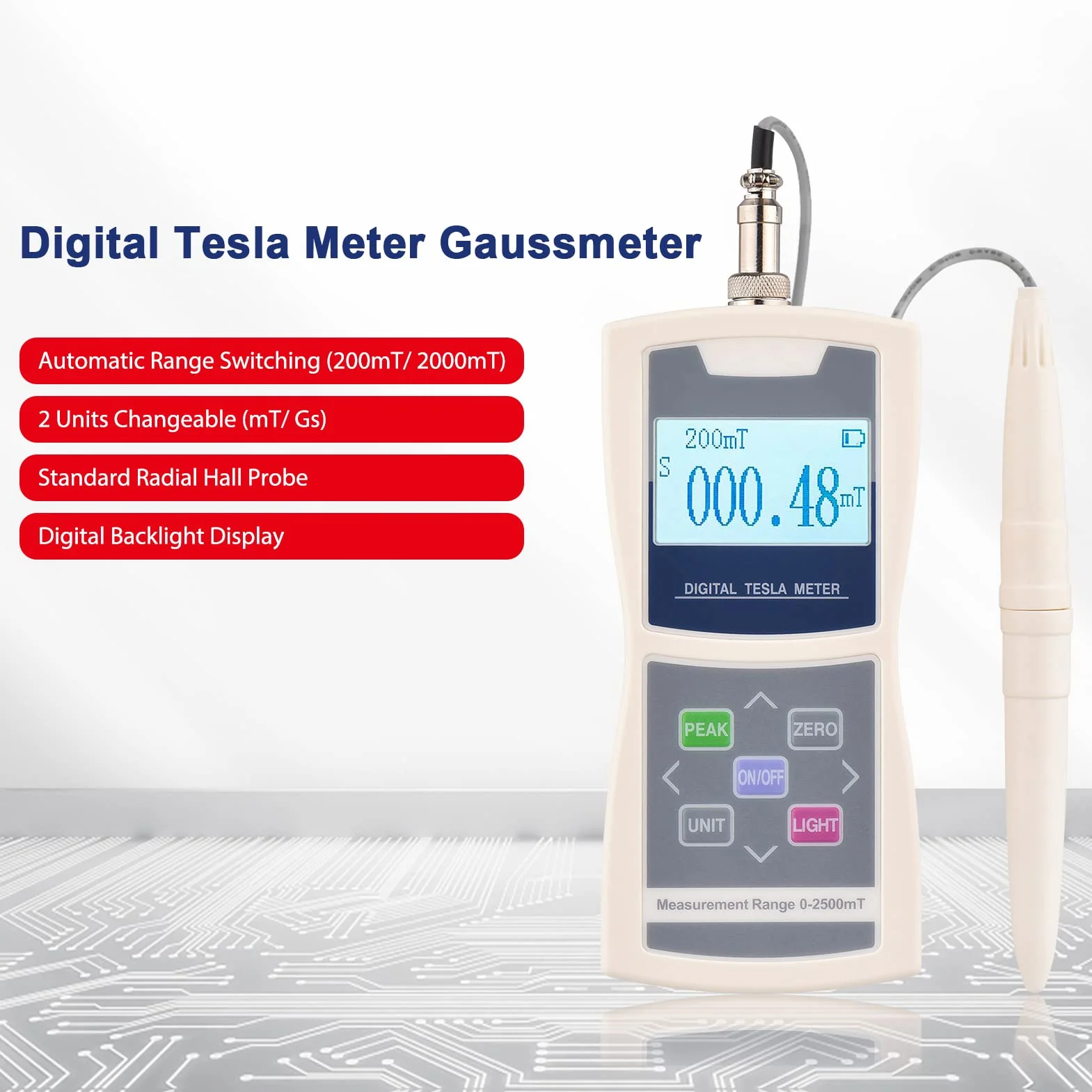 Digitales Tesla-Meter Gaussmeter 200mT 2000mT Hochpräzises Magnetfeld-Testgerät mit Hallsonden-Kunststoffbox