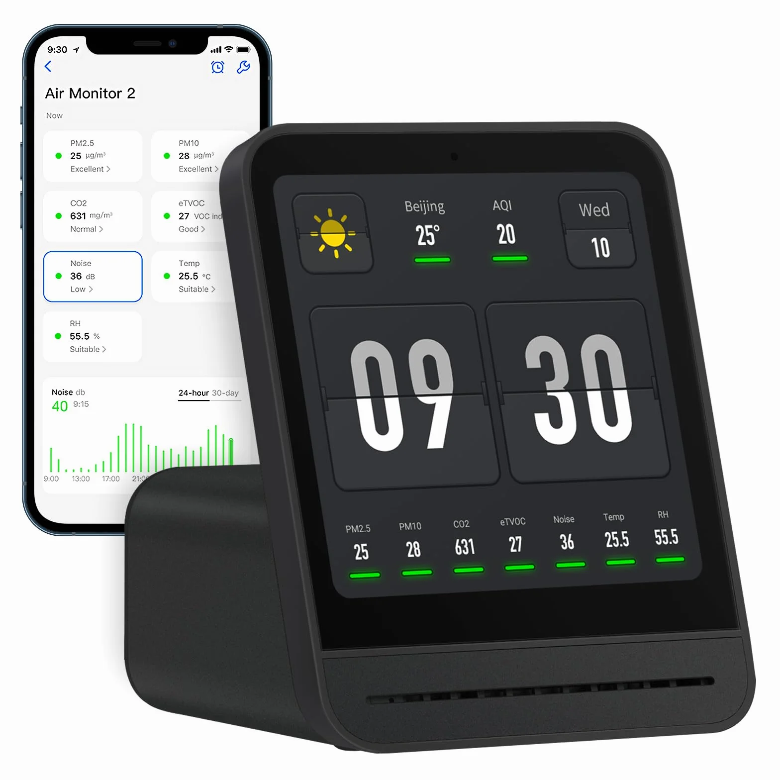Qingping Air Quality Monitor Gen 2 Indoor Detects PM2.5 CO2 PM10 Noise Temperature Humidity Alarm Clock