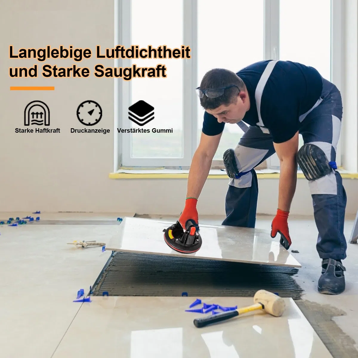 2er-Set 8" Saugheber Glassauger mit Manometer, Fliesenheber Saugheber Max. Tragkraft 230 kg, Saugheber für Fliesen,Glas,Laminat mit Tragbarer Werkzeugkasten