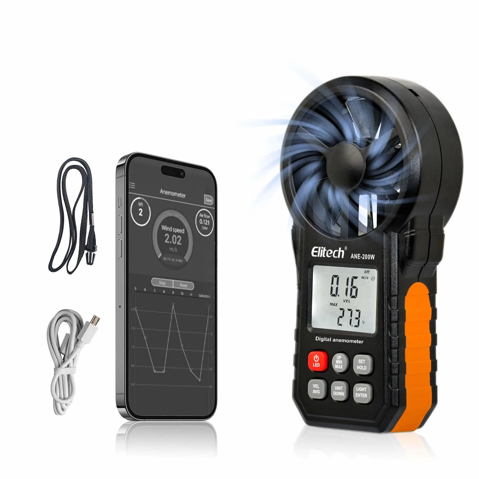 Elitech Bluetooth Windmesser,Digitale Anemometer Windspeedmessung Temperatur, CFM/CMM Luftstrommessung für HVAC & Umweltprüfung ANE-200W