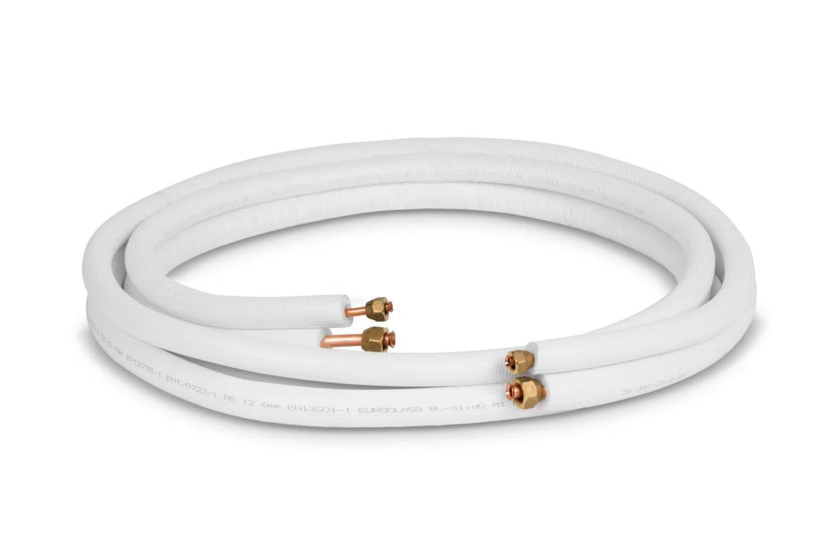 Kupferrohr-Kälterohr 1/4" + 3/8" / 3 m mit Überwurfmuttern, auf Länge geschnitten, ideal für 9000/12000 BTU Geräte, fachkundige Beratung durch die Installationsfirma für jeden Käufer