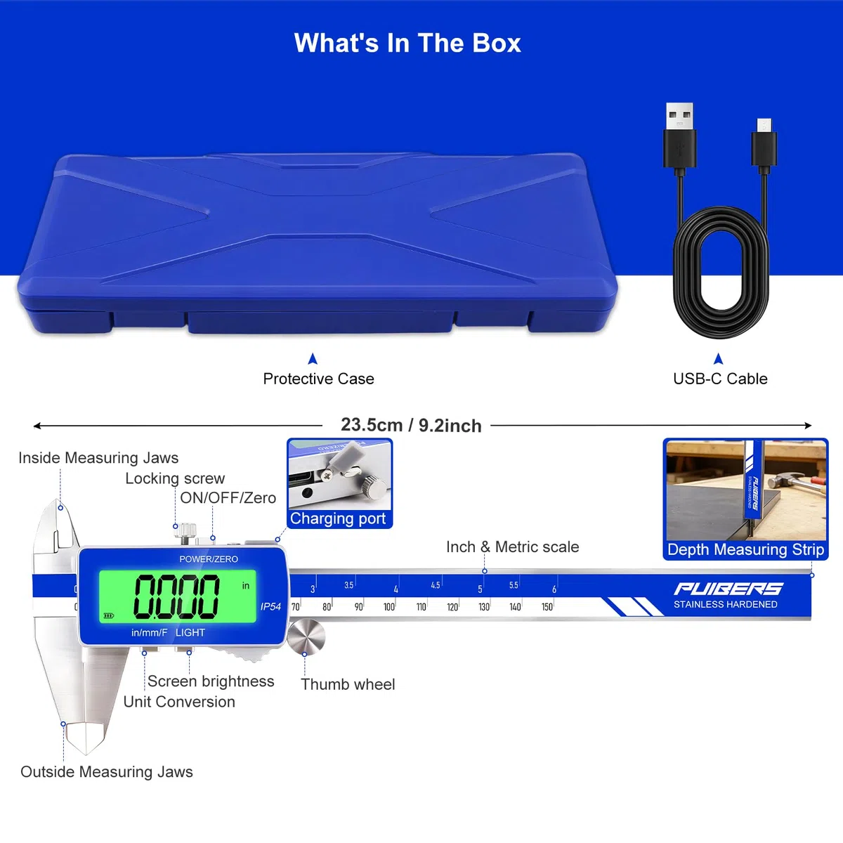 electronic calipers, IN/MM, waterproof electronic display, precise measurement.