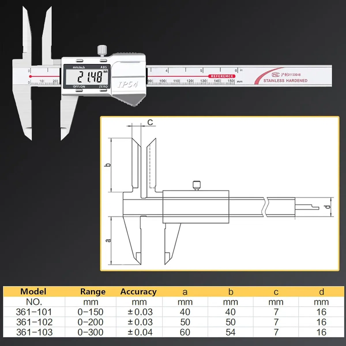 Digital Messschieber 300 mm mit extra langen Messspitzen, Langkiefer Schieblehre Digitales Messwerkzeug mit großem LCD-Display, metrisch/imperial, Edelstahl (0-300mm)