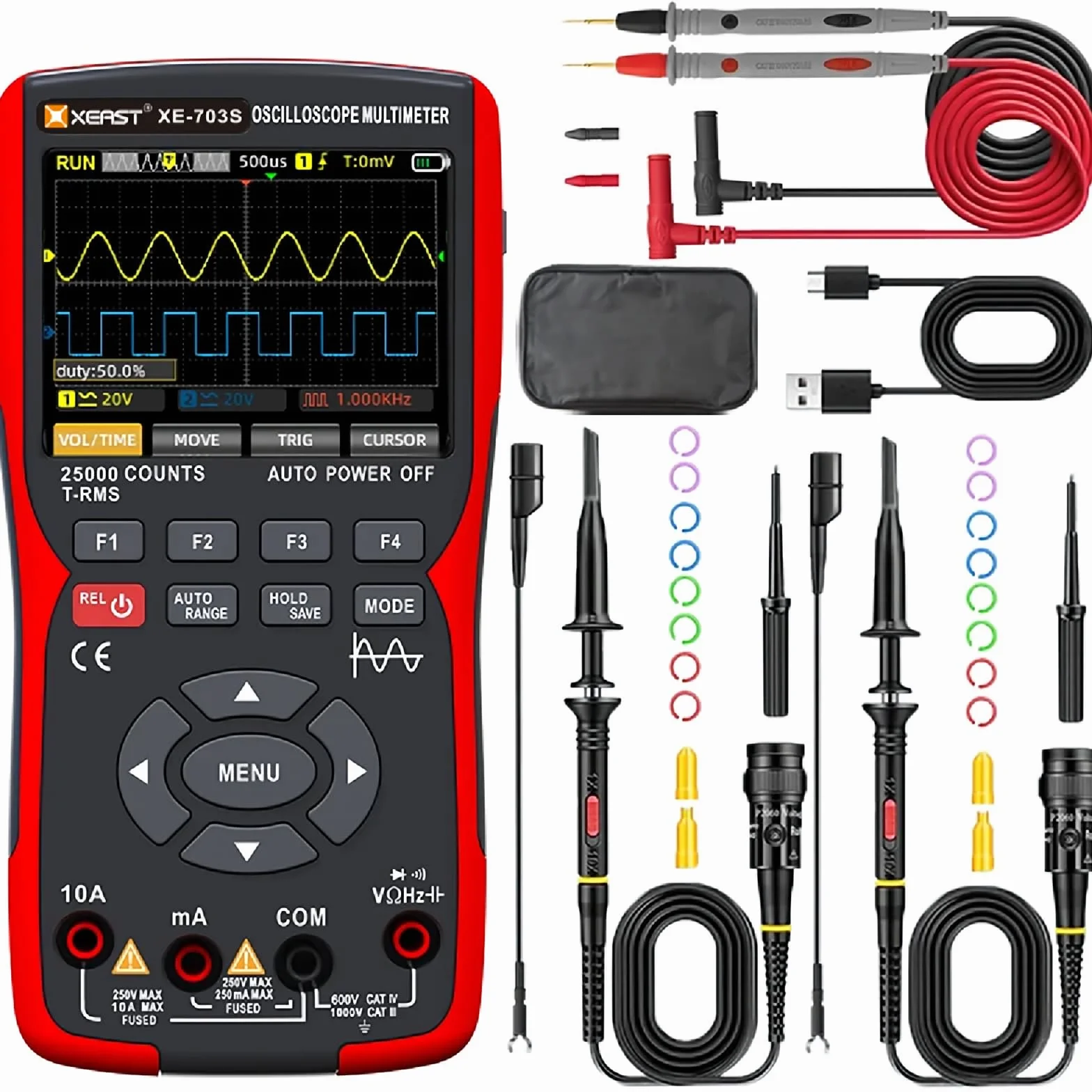 50MHz Zweikanal-Oszilloskop 25000 Zählungen Digital Multimeter DDS Signalgenerator 3,5 Zoll LCD 3-in-1 Strom Tester 280MSa/s (XE-703S)