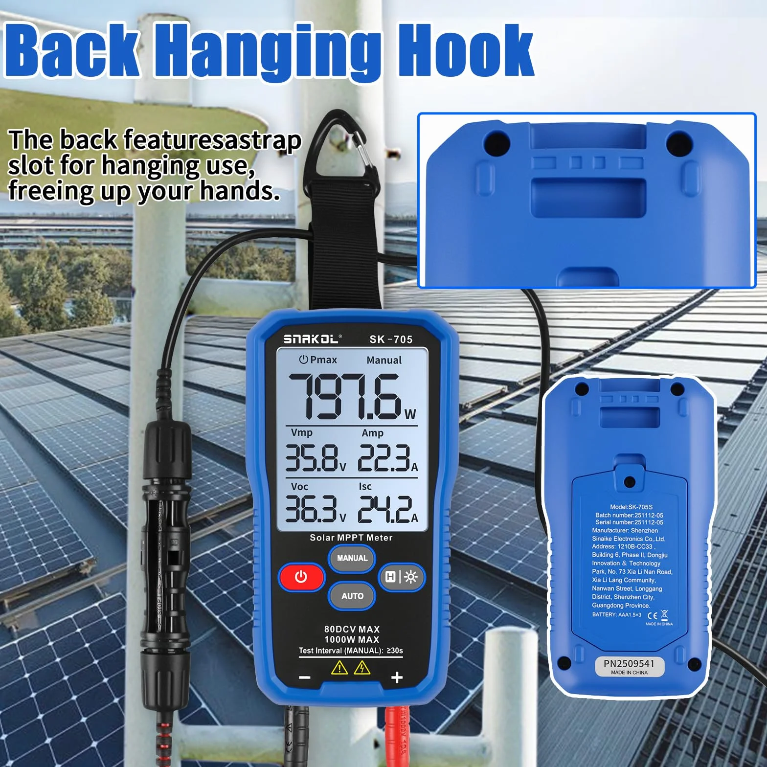 SK-705 Solar MPPT Leistungstester für Photovoltaikmodule, 1000 W, 80 V DC Max, 35 A, Automatische & Manuelle Leistungsmessung, Voc Isc Vmp Pmax, 3,2" LCD, Tragbarer PV-Tester