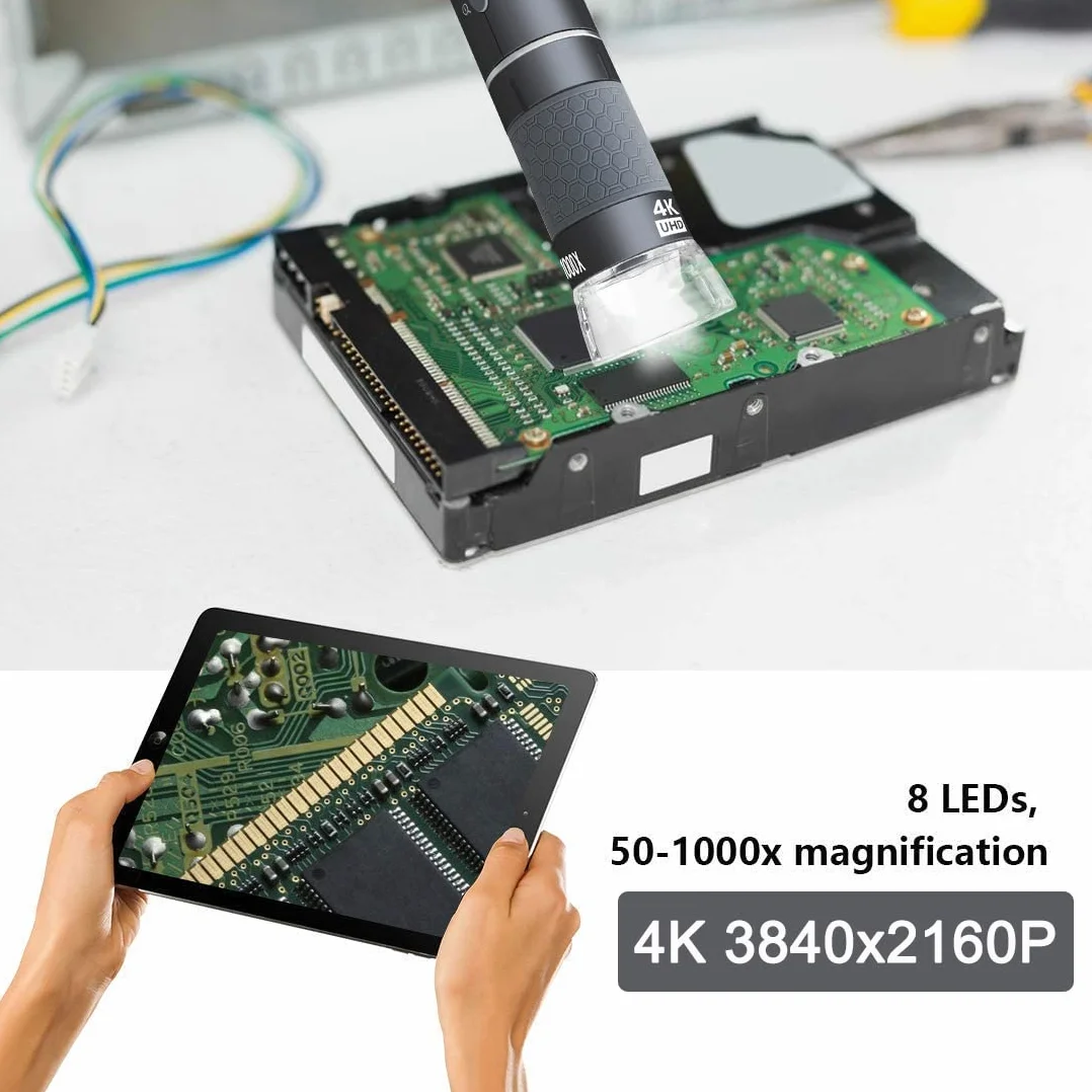 Jiusion WiFi USB Digitales Mikroskop 50-1000X Kabellose Vergrößerung Endoskop 4K 3840x2160P Kamera 8 LEDs Metallständer
