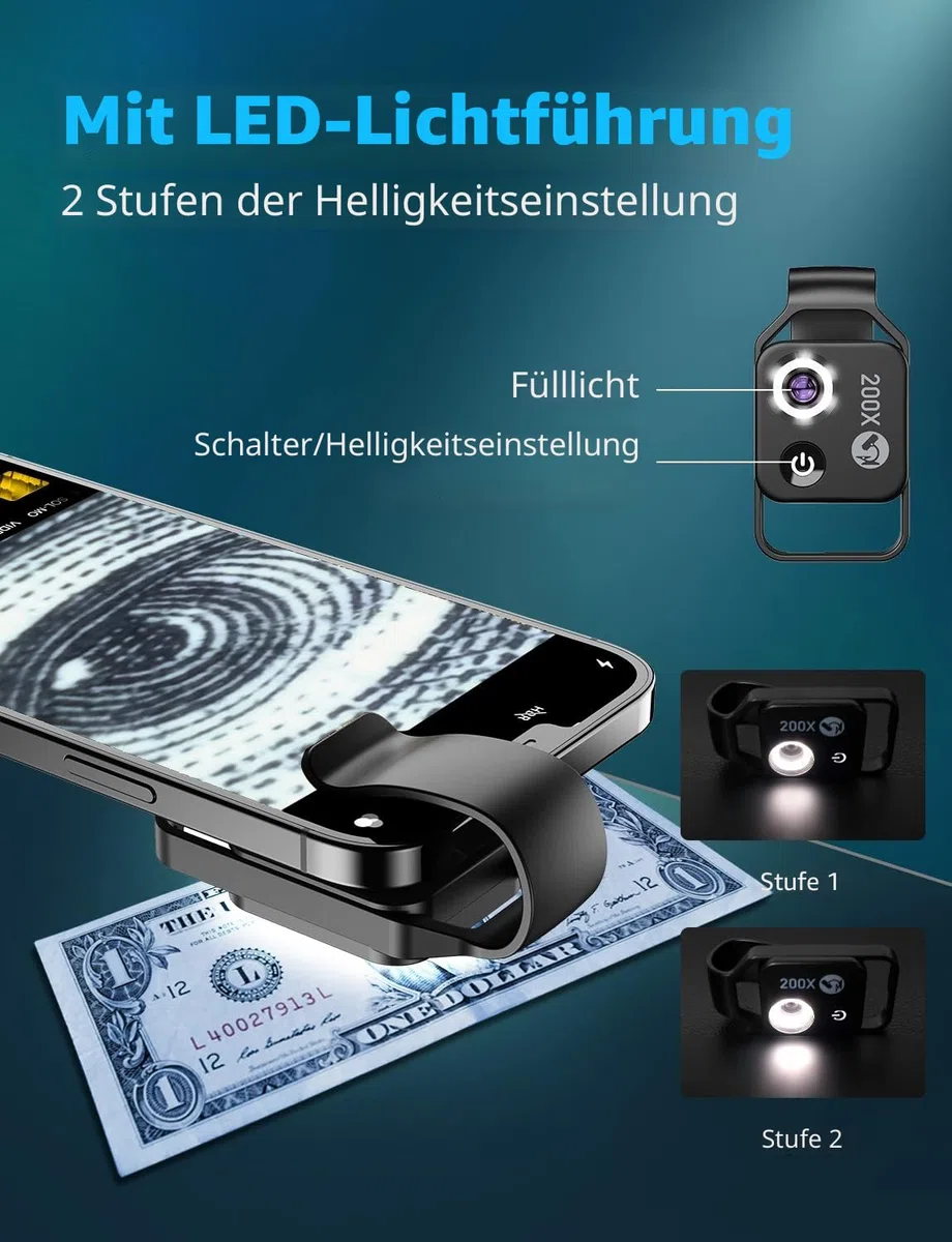 APEXEL 200X Mini-Mikroskop für Smartphone-Kamera, Taschengröße, Schwarz