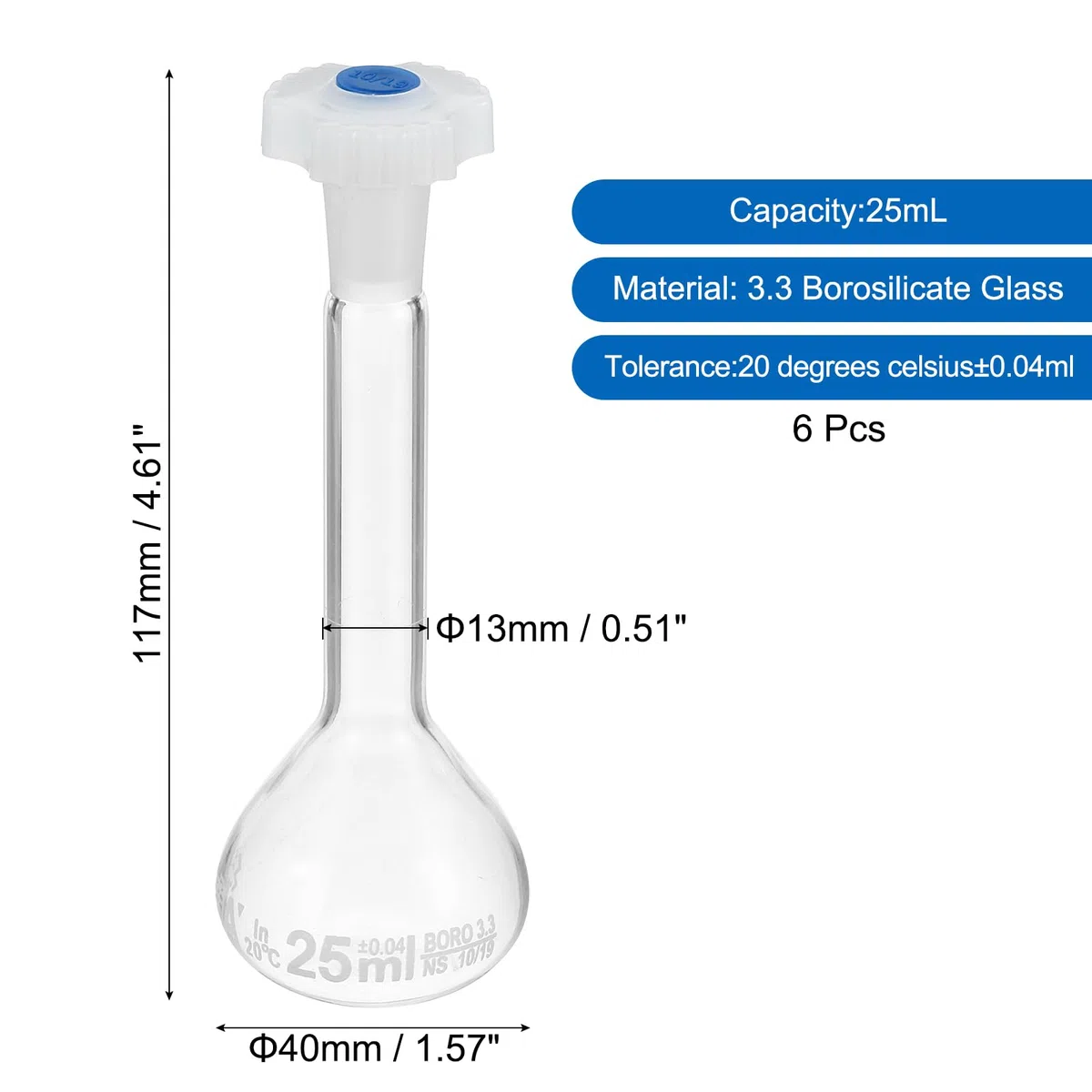 PATIKIL 25ml Messflasche 6Stk 3.3 Borosilikat Glas Volumetrischer Messkolben mit Verschlusskappe Toleranz 0.04ml für Laborversuch Klar