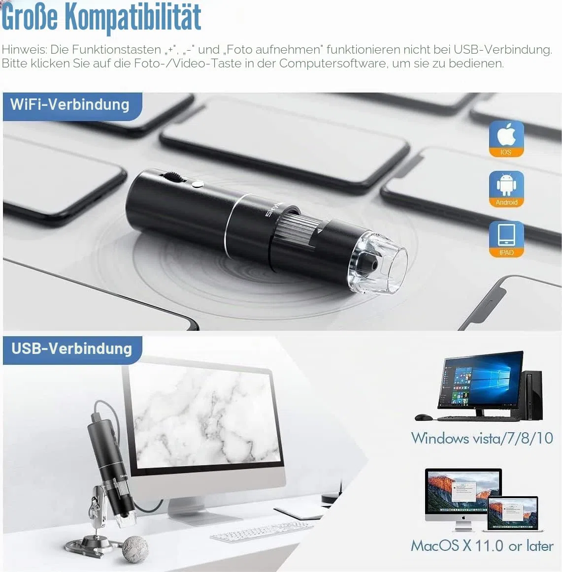 Skybasic Digitales Mikroskop 50X-1000X WiFi 2.0 MP 8 LED Handgehalten