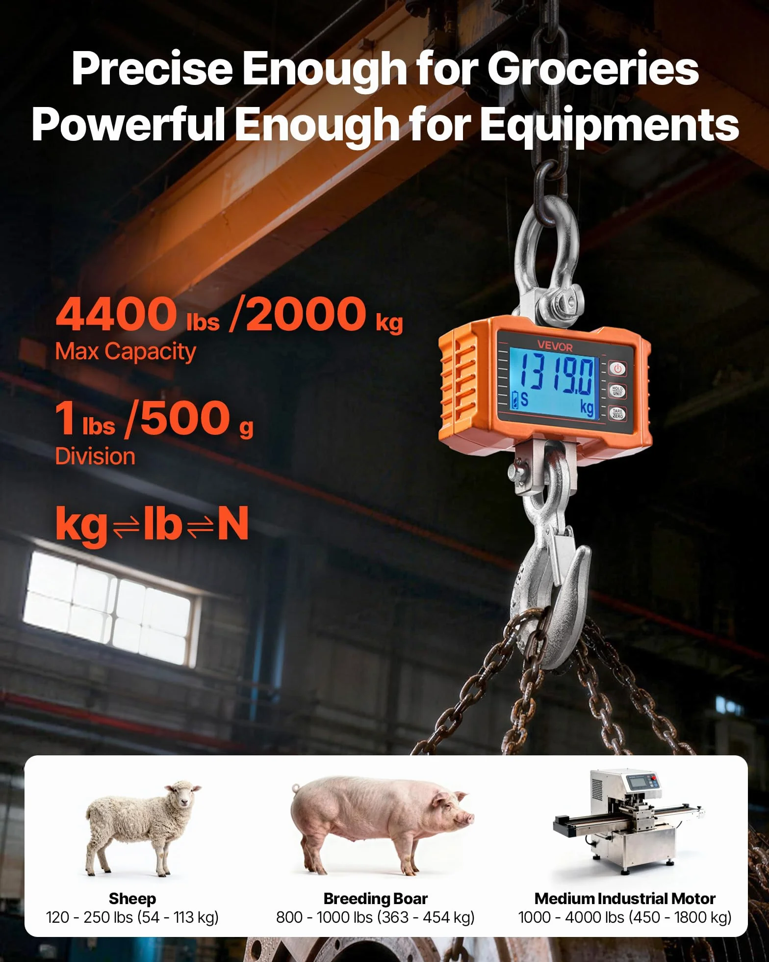 VEVOR Kranwaage 2000 kg, Digitale Hängewaage, Industriewaage mit Gehäuse aus Aluminiumguss & LCD-Display, 500-g-Teilung & 3-Stufiger Schalter, Fernbedienung, Hakenwaage für Garage & Fabrik