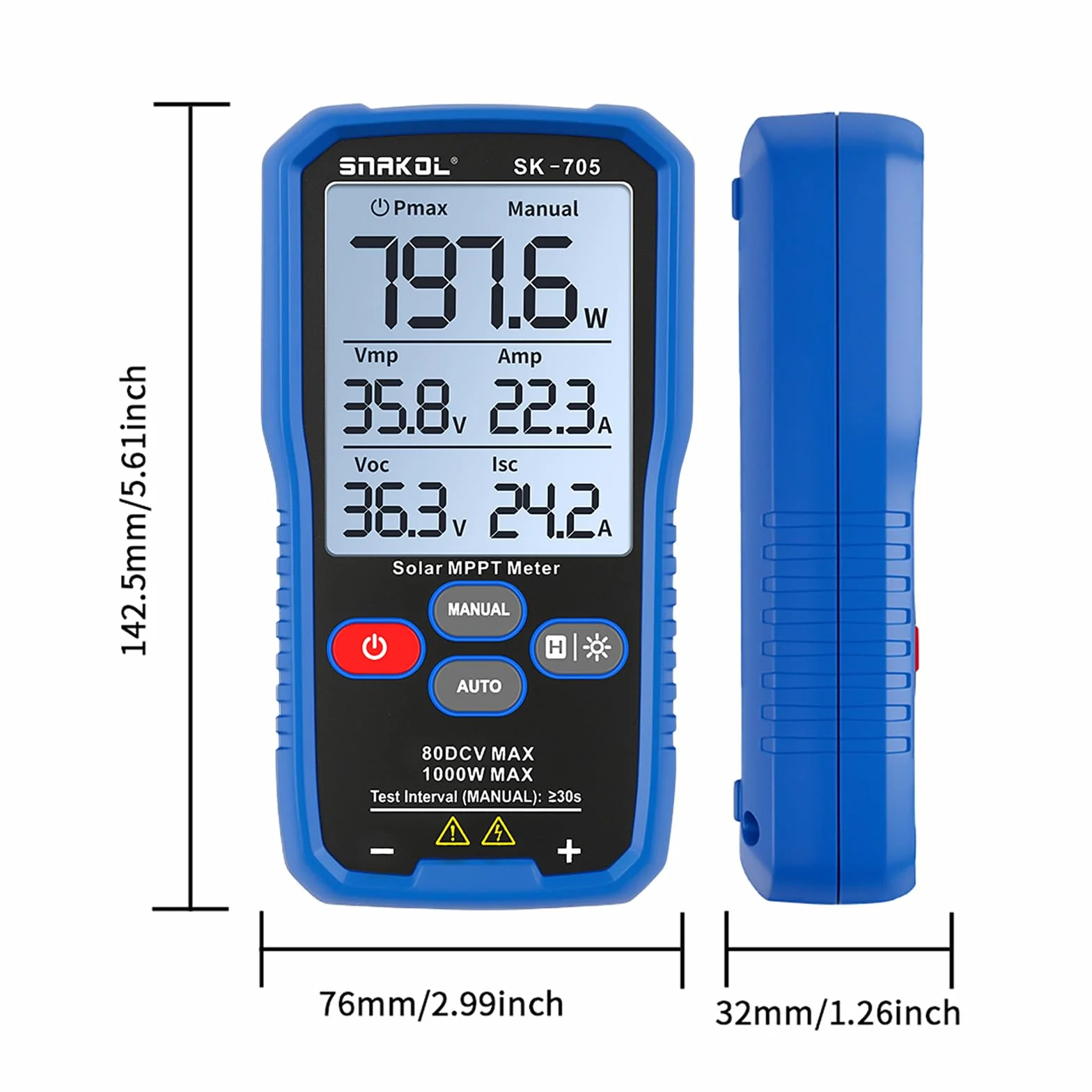 SK-705 Solar MPPT Leistungstester für Photovoltaikmodule, 1000 W, 80 V DC Max, 35 A, Automatische & Manuelle Leistungsmessung, Voc Isc Vmp Pmax, 3,2" LCD, Tragbarer PV-Tester
