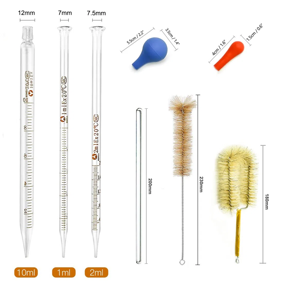 Becherglas Zylinder Pipetten Set, JESSTOLO 5 Stück Dickglas Graduierten Becherglas, 4 Stück Glasmesszylinder mit 3 Stück Glas Messpipetten Pipetten, 4 Stück Glas Rührstab und 2 Stück Waschbürste