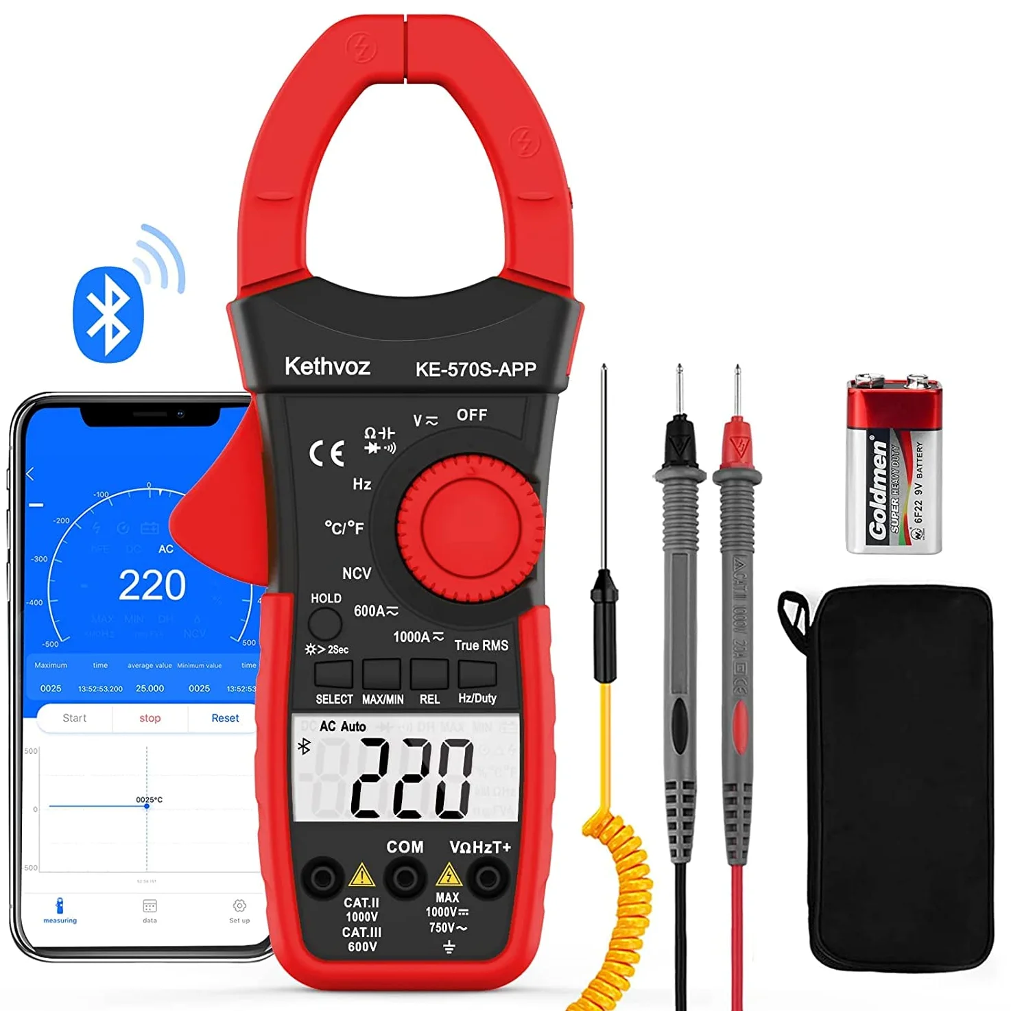Bluetooth Clamp Meter Zangenamperemeter, Kethvoz Anto Range True-RMS Stromzange NCV Voltmeter 570S-APP Measure AC/DC Spannung Strom,Durchgang Widerstand Kapazität Temperatur