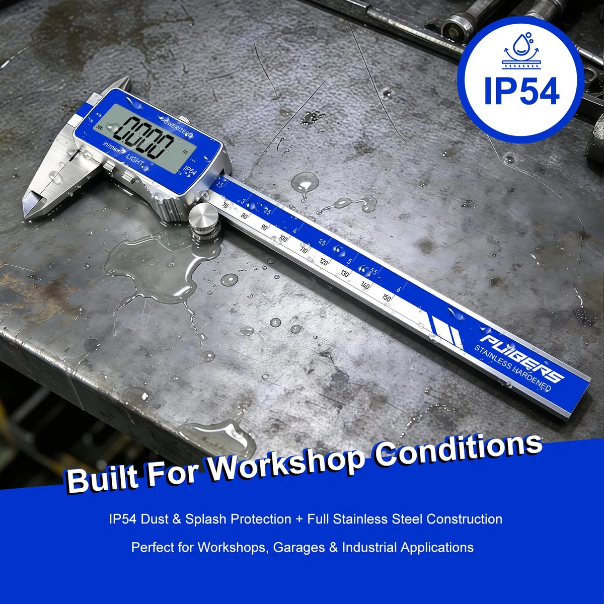 electronic calipers, IN/MM, waterproof electronic display, precise measurement.