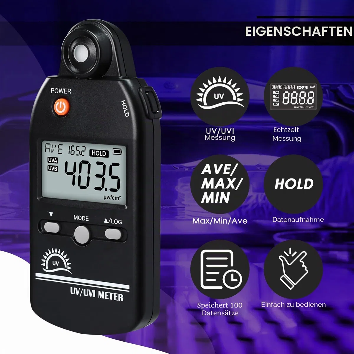 UV Meter Digital UVB Messgerät 280-400nm UV Index Meter 0-5000μW/cm² UV Detektor 100 Gruppen Datensatz für Reptilien