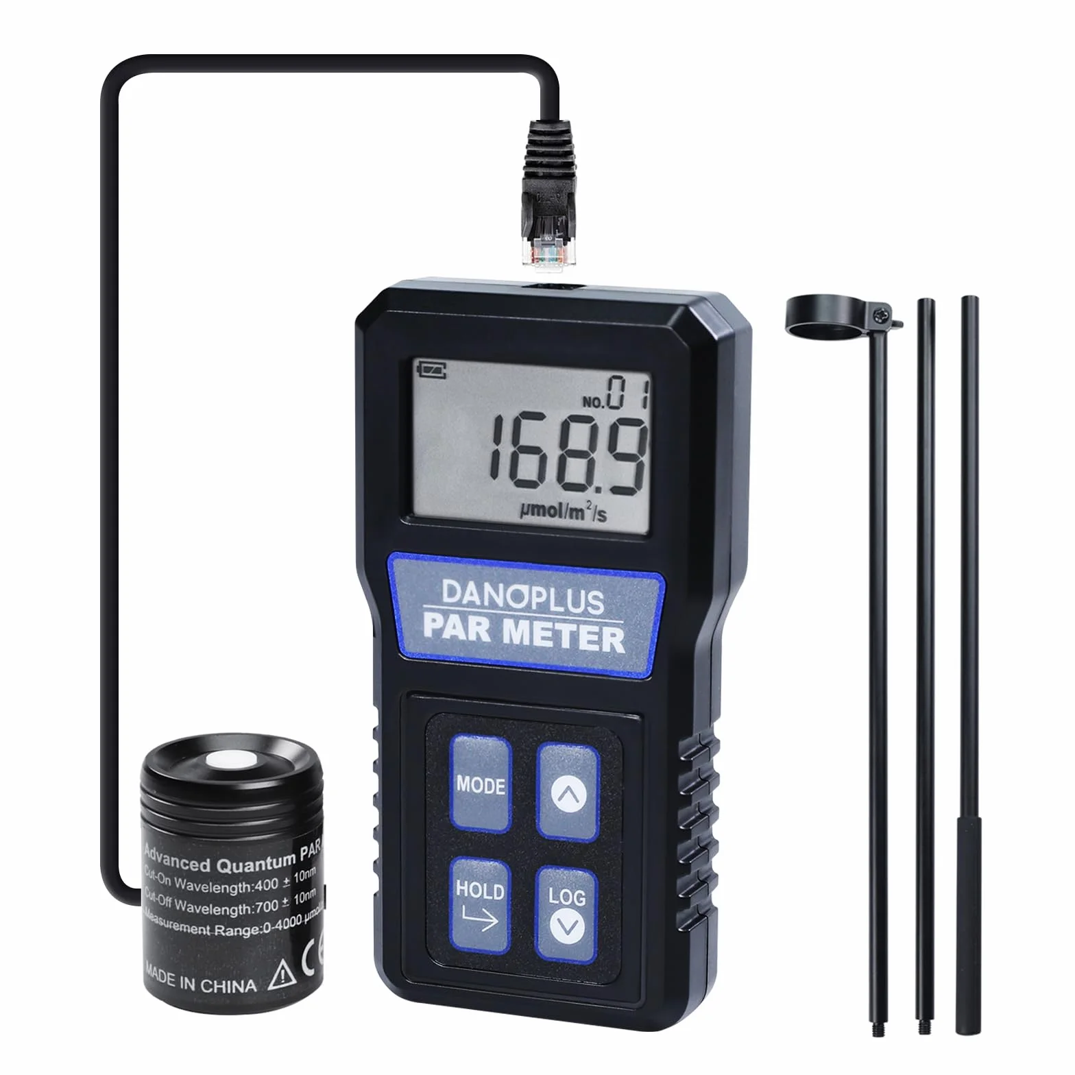 PAR-Meter, PAR-Meter für Riffaquarium, IP68 wasserdichtes Aquarien-PAR-Meter, 400-700 nm Spektralbereich, PPFD-Meter mit Datenlogger, 94 cm (37 Zoll) Teleskopstange, 2 m (79 Zoll) Sensorkabel