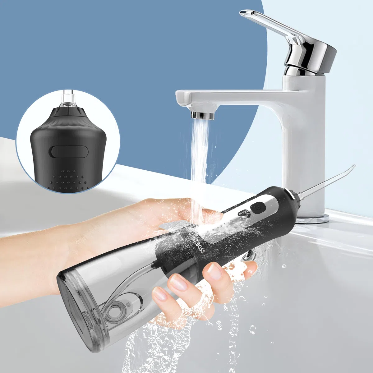 BarberBoss kabellose Munddusche IPX7 wasserdicht 5 Modi 6 Düsen LED-Display wiederaufladbar schwarz