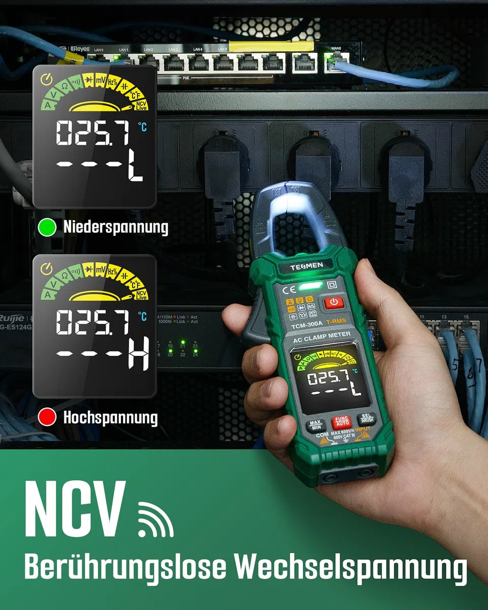 TESMEN TCM-300A Digital Clamp Meter 6000 Counts T-RMS Amperemeter Auto-Ranging Multimeter Voltmeter mit AC-Strom AC/DC Spannung NCV/Live Wire Einschaltstrom Widerstand Diode Temperatur – Grün