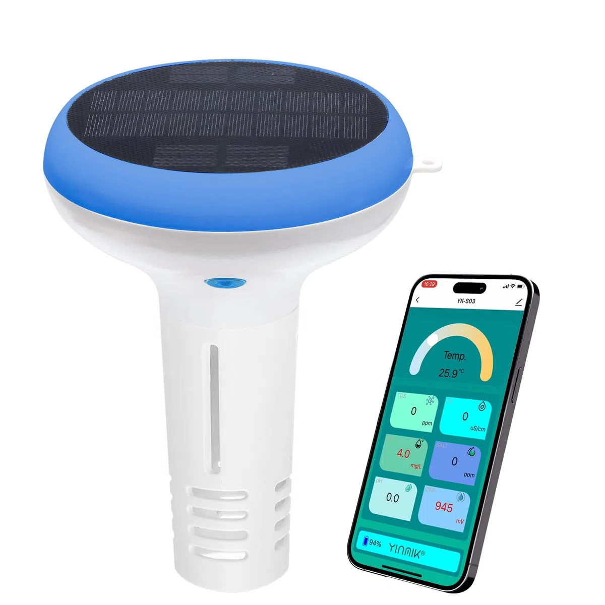 Intelligentes Pool Chlor pH Messgerät, Chlor Monitor mit Solarbetrieb, Digitales pH Salz Messgerät für Salzwasserpools, YINMIK 7 in 1 pH Chlor Salz ORP EC TDS Temp Meter für Außenpool Whirlpool Spa