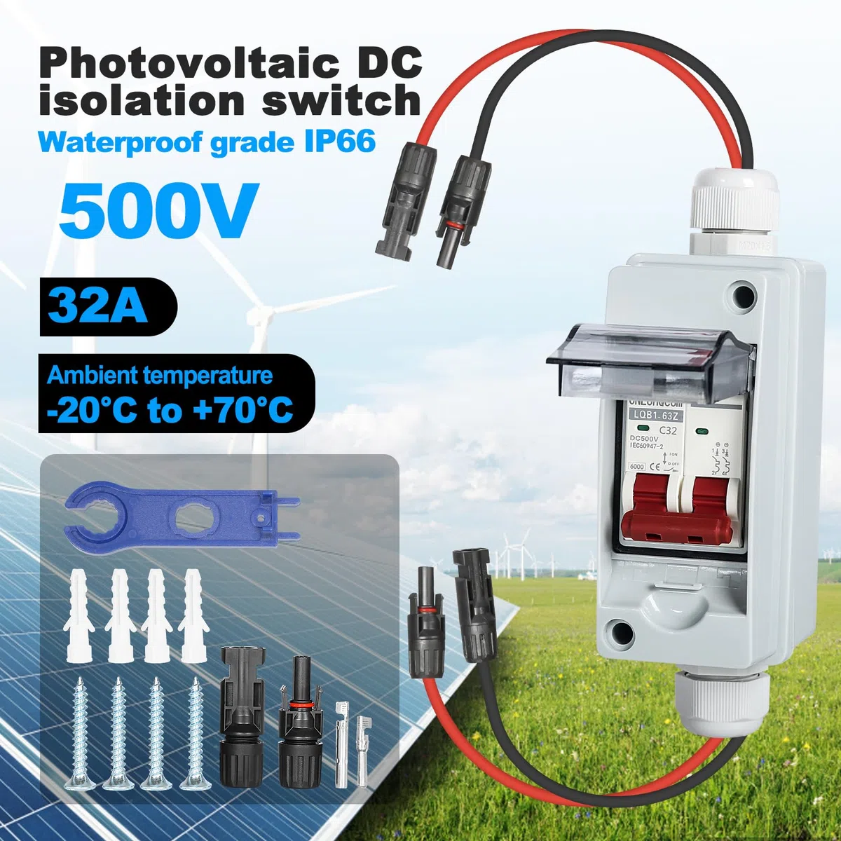 DEWIN DC Trennschalter, Leitungsschutzschalter 1 in 1 aus 1 String PV Trennschalter wasserdichte Solar Combiner Box für PV Anlage 32A DC 500V