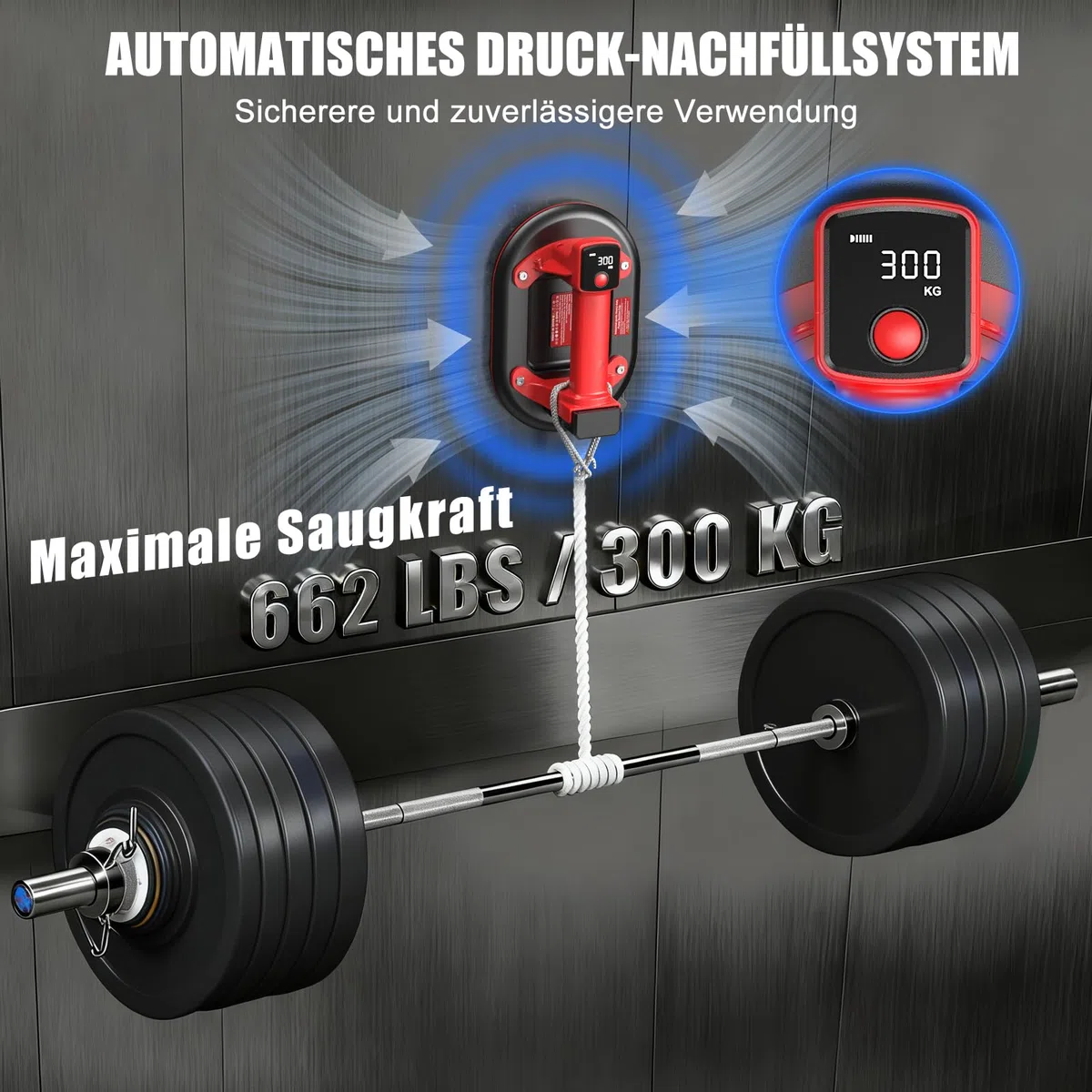 Elektrische Fliesen Saugheber, 10" Elektrische Vakuum Saugheber, 300KG Tragkraft, Akku Glassauger mit 2 x 3,0Ah-Akkus, LadegeräTen, Digitalanzeige, für Glas Fliesen Granit Scheiben Metall