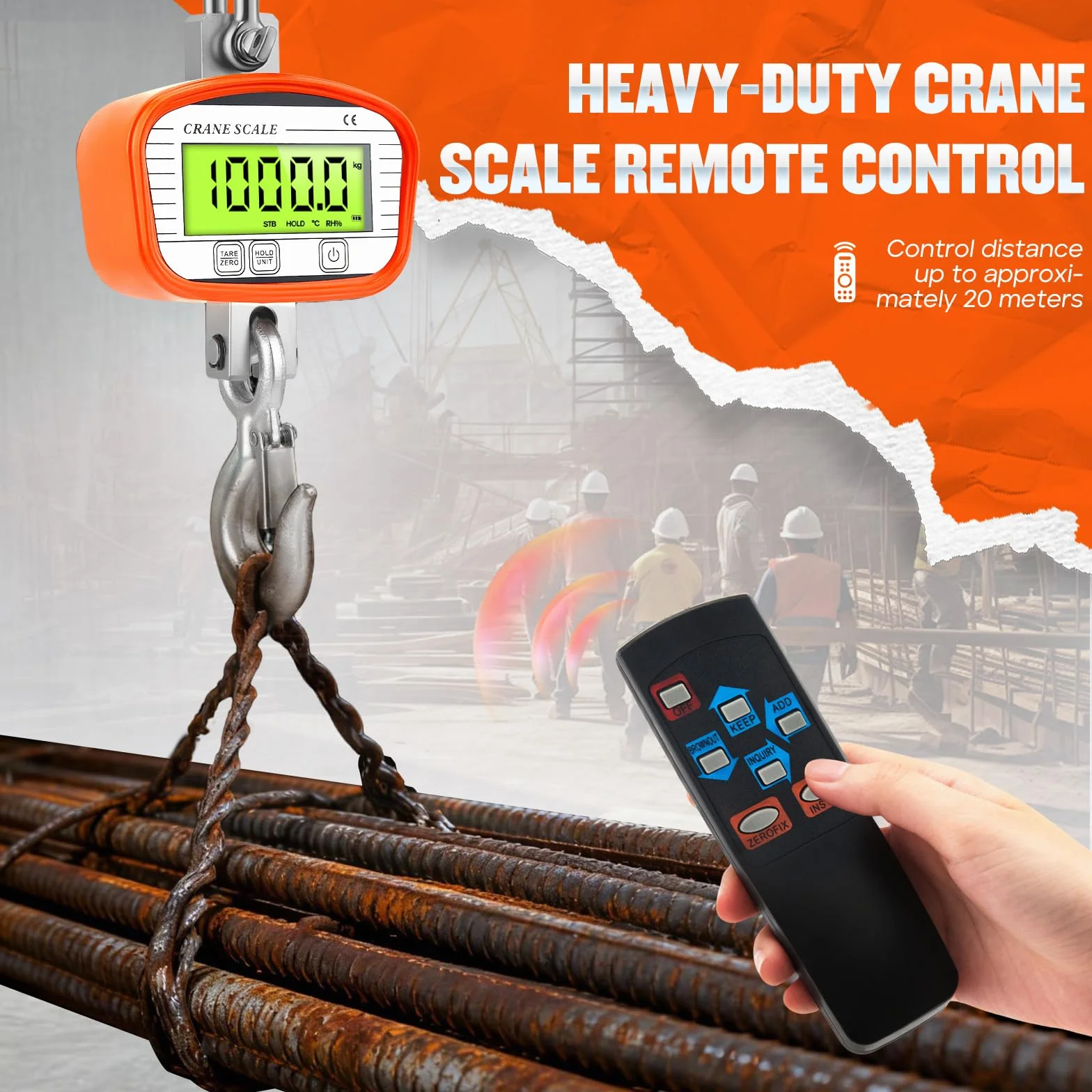 Digitale Kranwaage 1000kg/2200lbs, Industrielle Hängewaage, Hängende Waage mit präzisem Sensor & LCD-Anzeige für Bauernhof, Fabrik, Jagd (Orange, 1000KG)