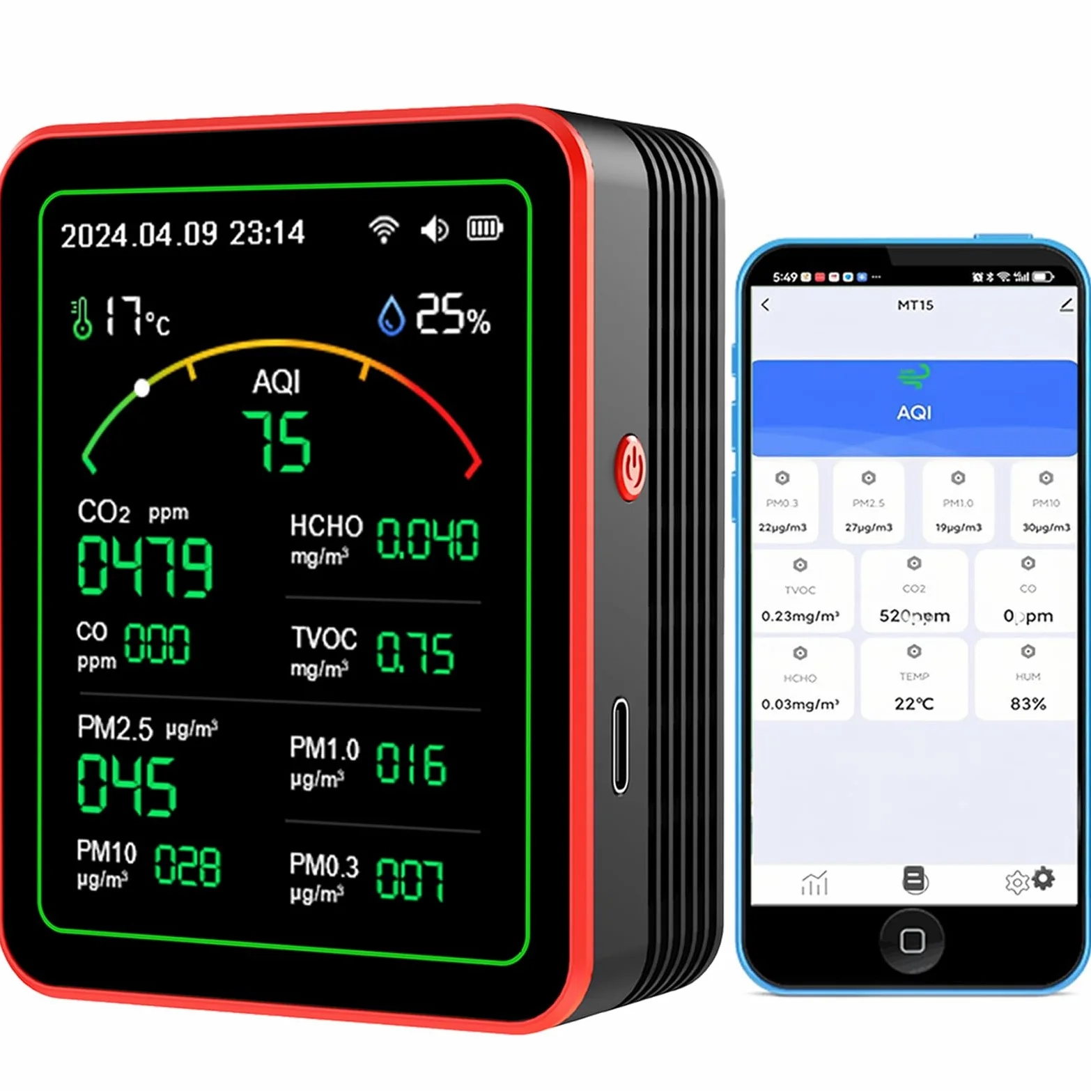 WLAN Luftqualitätsmonitor CO₂ TVOC HCHO PM2.5 PM10 Temperatur Feuchtigkeit Farbdisplay
