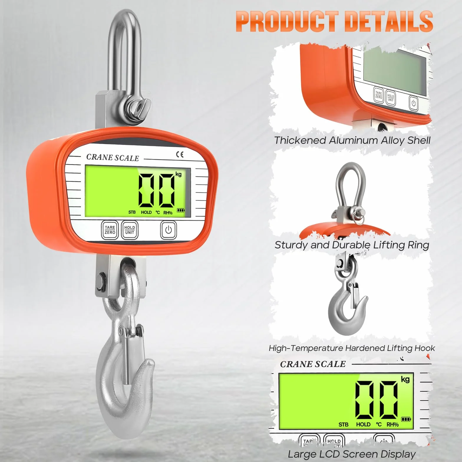 Digitale Kranwaage 1000kg/2200lbs, Industrielle Hängewaage, Hängende Waage mit präzisem Sensor & LCD-Anzeige für Bauernhof, Fabrik, Jagd (Orange, 1000KG)