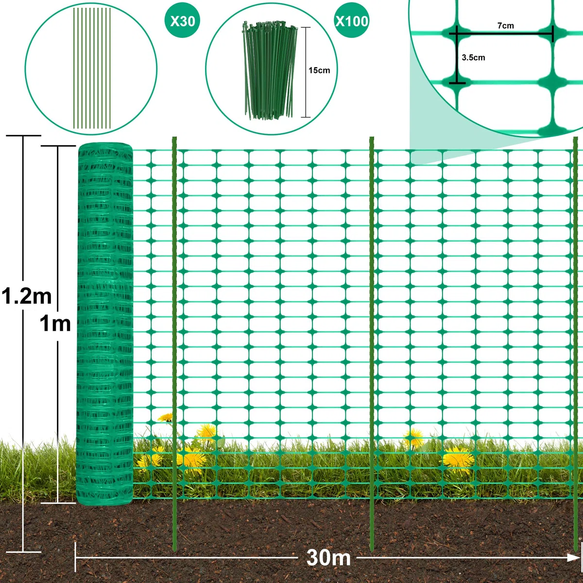 FIVMEN Begrenzungszaun 100cm Hoch Hühnerzaun Weidezaun Hundezaun inkl. 30 Pfähle und 100 Bindebänder Kunststoff Steckzaun Gartenzaun Mobiler Zaun, 30m
