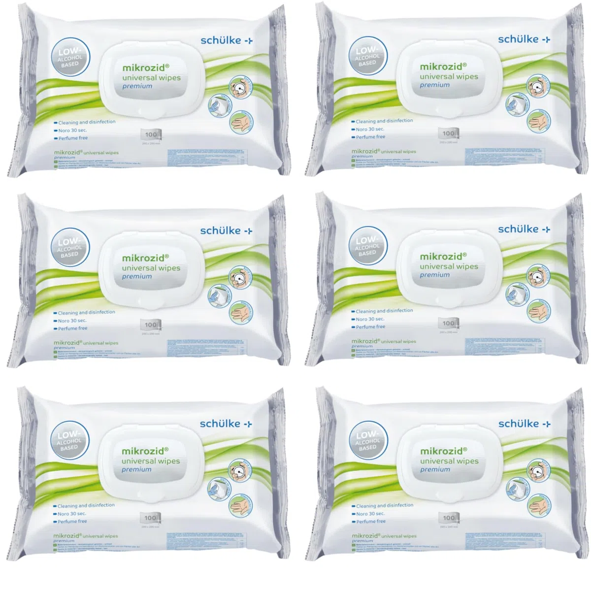 Schülke Mikrozid Universal Wipes Premium Desinfektionstücher, gebrauchsfertige Tücher zur Flächendesinfektion, 6 x 100 Tücher