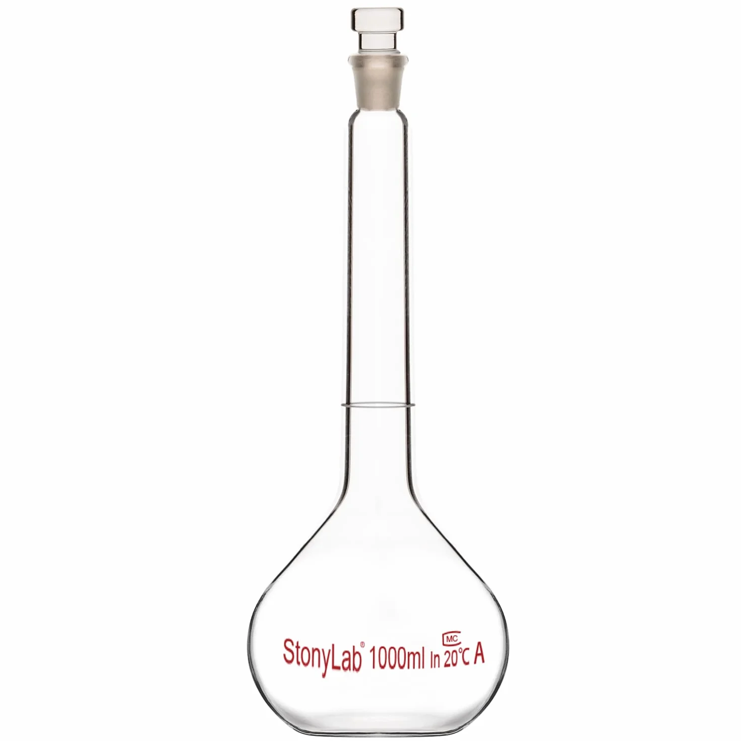 stonylab Glas Messkolben Klasse A Volumetric Flask mit Glasstopfen, Borosilikatglas-Schwerwand-Messkolben-Toleranz ±0.10 ml (1000 ml)