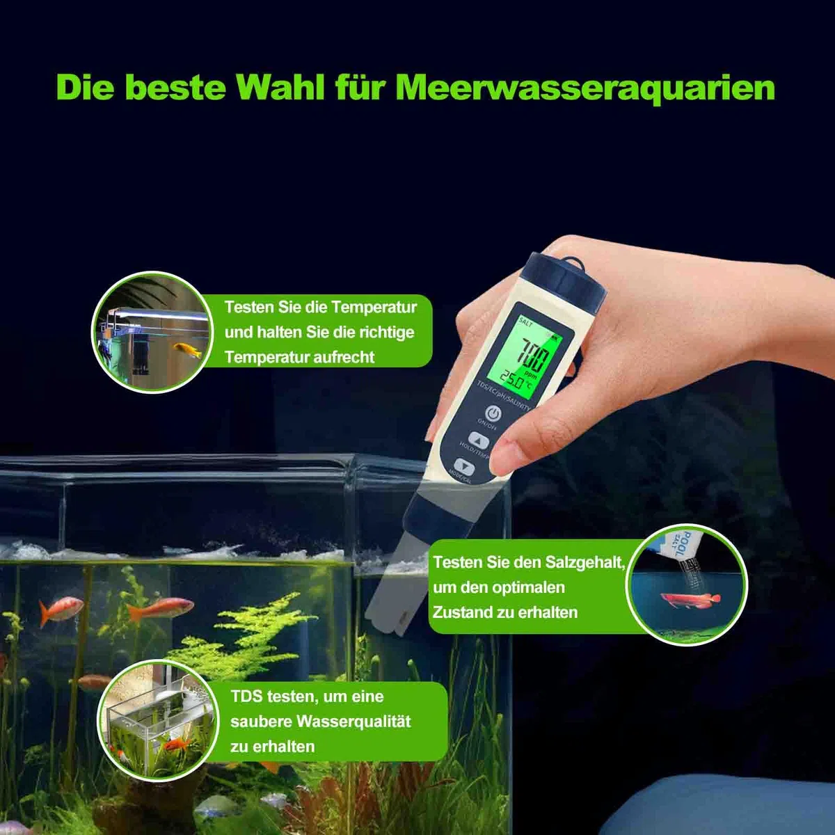 PH Messgerät Wasser 5 in 1 TDS EC Salzgehalt Thermometer LCD-Display Automatische Temperaturkompensation pH Tester Hochpräziser Wassertester